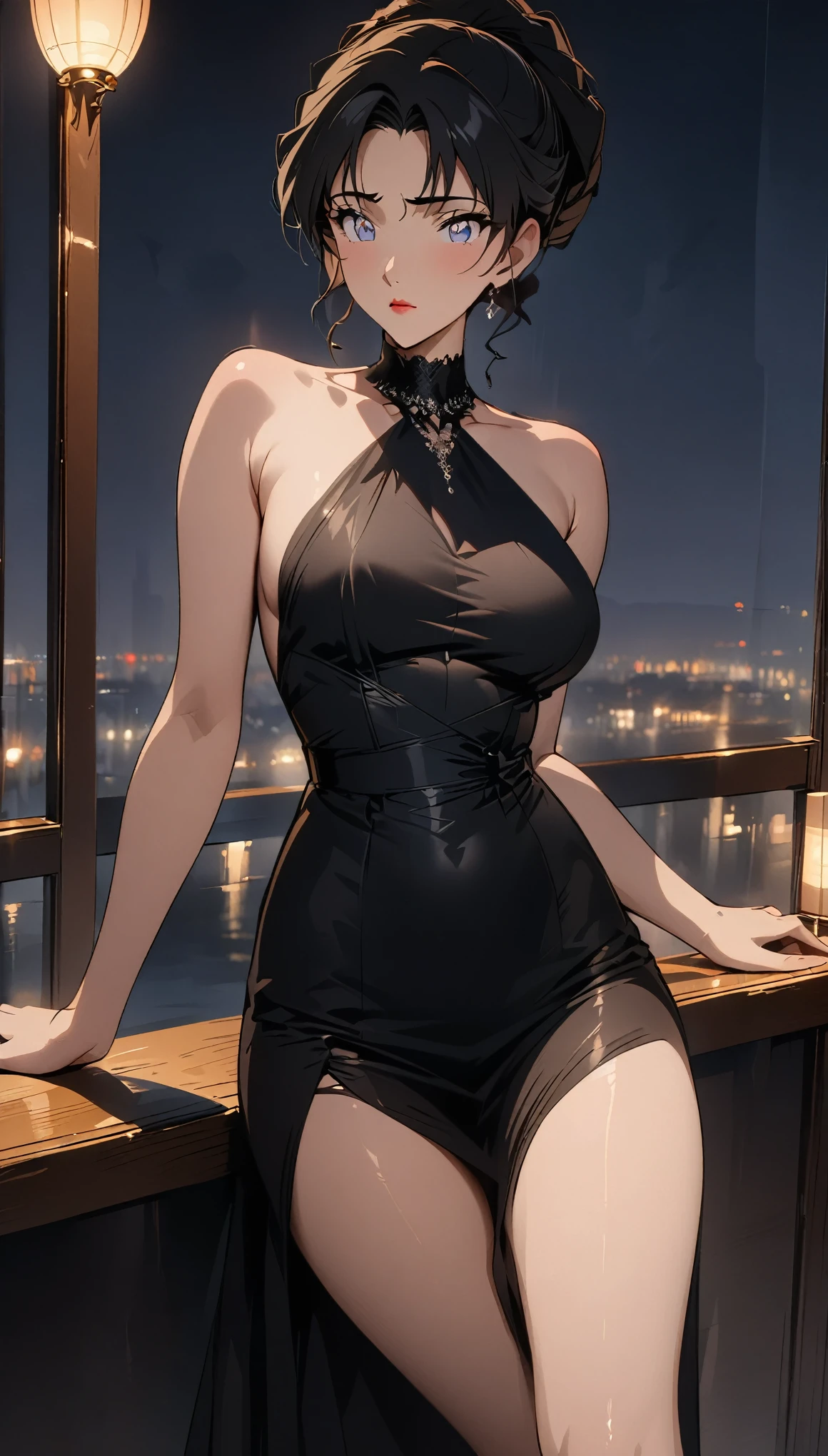 (best quality, High resolution, masterpiece:1.2), black hair, Beautiful woman, delicate eyes, Detailed lips, evening dress, Single picture, Anime style