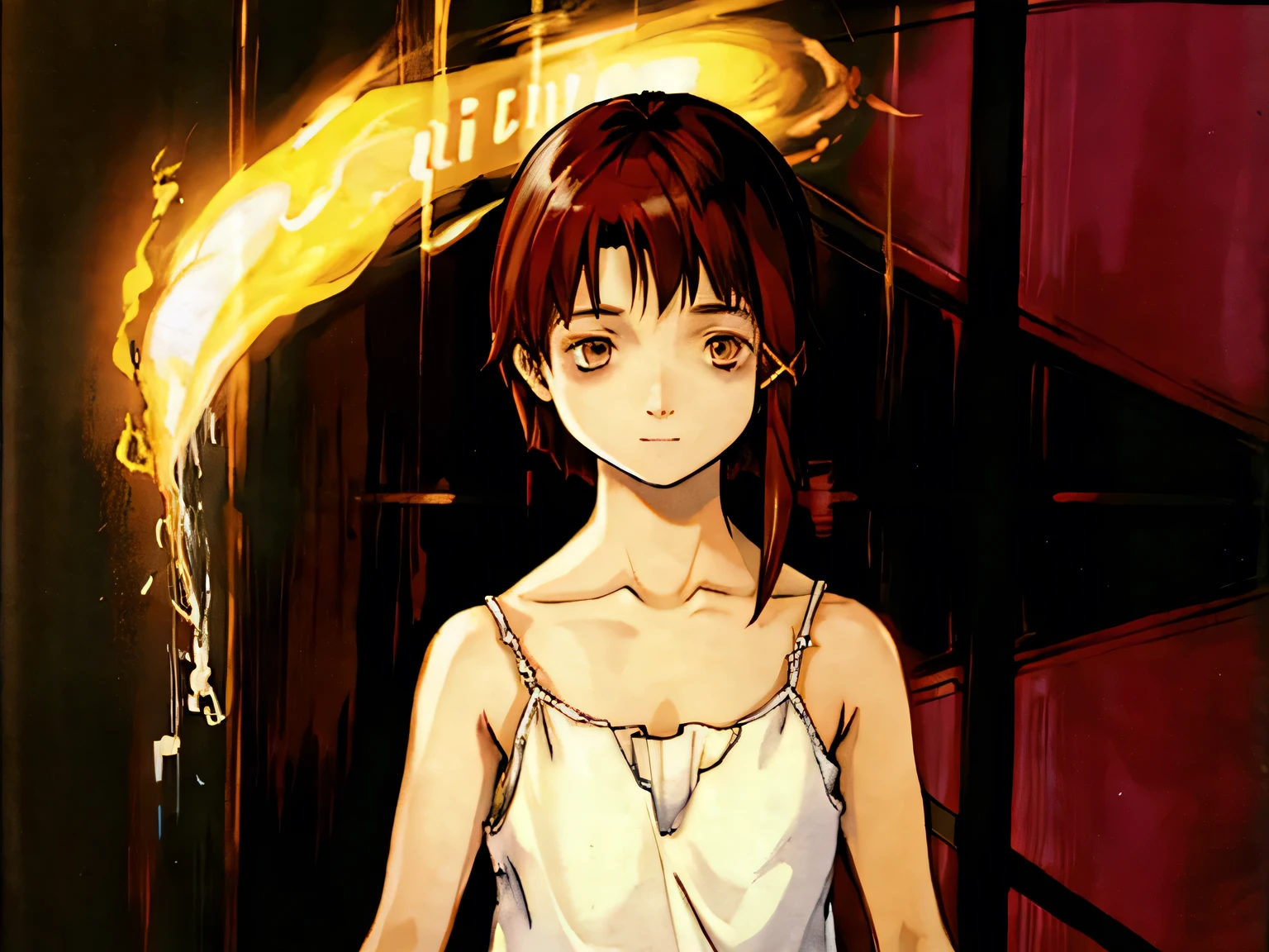 solo,1female\(iwakura lain\(Serial Experiments Lain\),slight evil grin,age of 12,(big eyes:1.2),brown eyes,eyes without shine,empty eyes,short asymmetry dark brown hair,yellow hairclip,white pale skin,(white long camisole:1.3),(looking at viewer),dynamic pose\), BREAK ,background\((dark),(cyberspace:1.5),electric circuit\), BREAK ,quality\(8k,wallpaper of extremely detailed CG unit, ​masterpiece,hight resolution,top-quality,top-quality real texture skin,hyper realisitic,increase the resolution,RAW photos,best qualtiy,highly detailed,the wallpaper,cinematic lighting,ray trace,golden ratio\),(oil painting),dynamic angle,darkwoods style,close up face