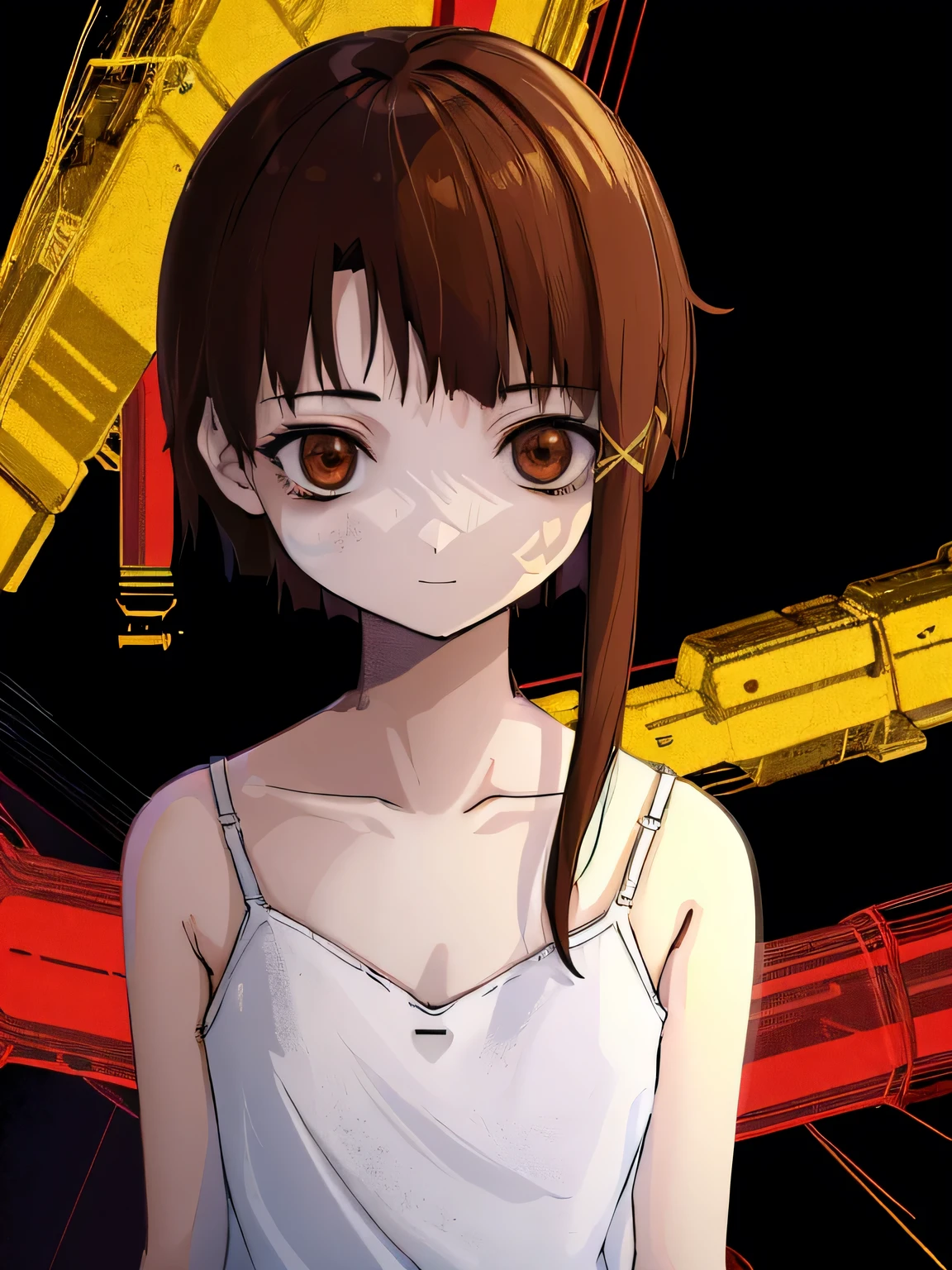 solo,1female\(iwakura lain\(Serial Experiments Lain\),slight evil grin,,(big eyes:1.2),brown eyes,eyes without shine,empty eyes,short asymmetry dark brown hair,yellow hairclip,white pale skin,(white long camisole:1.3),(looking at viewer),dynamic pose\), BREAK ,background\((dark),(cyberspace:1.5),(electric circuit:1.3)\), BREAK ,quality\(8k,wallpaper of extremely detailed CG unit, ​masterpiece,hight resolution,top-quality,top-quality real texture skin,hyper realisitic,increase the resolution,RAW photos,best qualtiy,highly detailed,the wallpaper,cinematic lighting,ray trace,golden ratio\),(oil painting),dynamic angle,darkwoods style,close up face