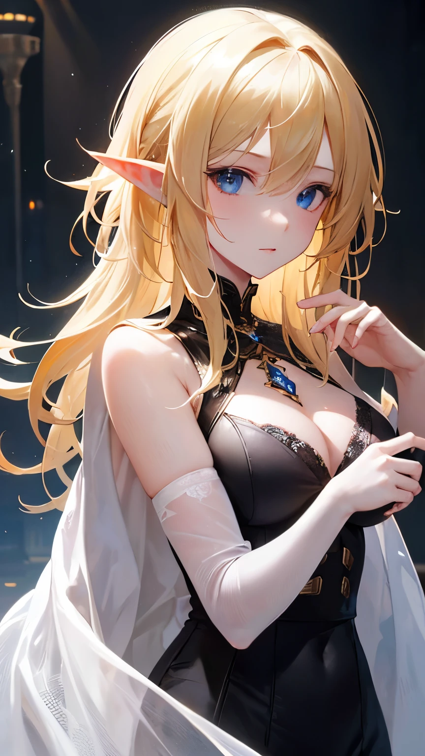 ((best quality)), ((masterpiece)), (detailed), perfect face, perfect detailed eyes, perfect detailed face, ultra-detailed nose, blonde hair, messy hair, hair over eyes, medium hair, pale skin, forehead mark, pointy ears, cinematic lighting, chiaroscuro, elf, Female Knight, Elf Hero, (Wearing iron armor, Hold a dagger in right hand), cowboy shot