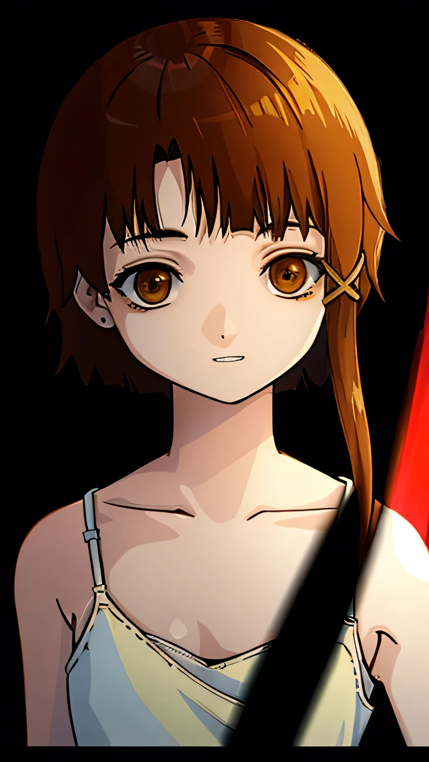 solo,1female\(iwakura lain\(Serial Experiments Lain\),slight evil grin,,(big eyes:1.2),brown eyes,eyes without shine,empty eyes,short asymmetry dark brown hair,yellow hairclip,white pale skin,(white long camisole:1.3),(looking at viewer),dynamic pose\), BREAK ,background\((dark),(cyberspace:1.5),electric circuit\), BREAK ,quality\(8k,wallpaper of extremely detailed CG unit, ​masterpiece,hight resolution,top-quality,top-quality real texture skin,hyper realisitic,increase the resolution,RAW photos,best qualtiy,highly detailed,the wallpaper,cinematic lighting,ray trace,golden ratio\),(oil painting),dynamic angle,darkwoods style,close up face