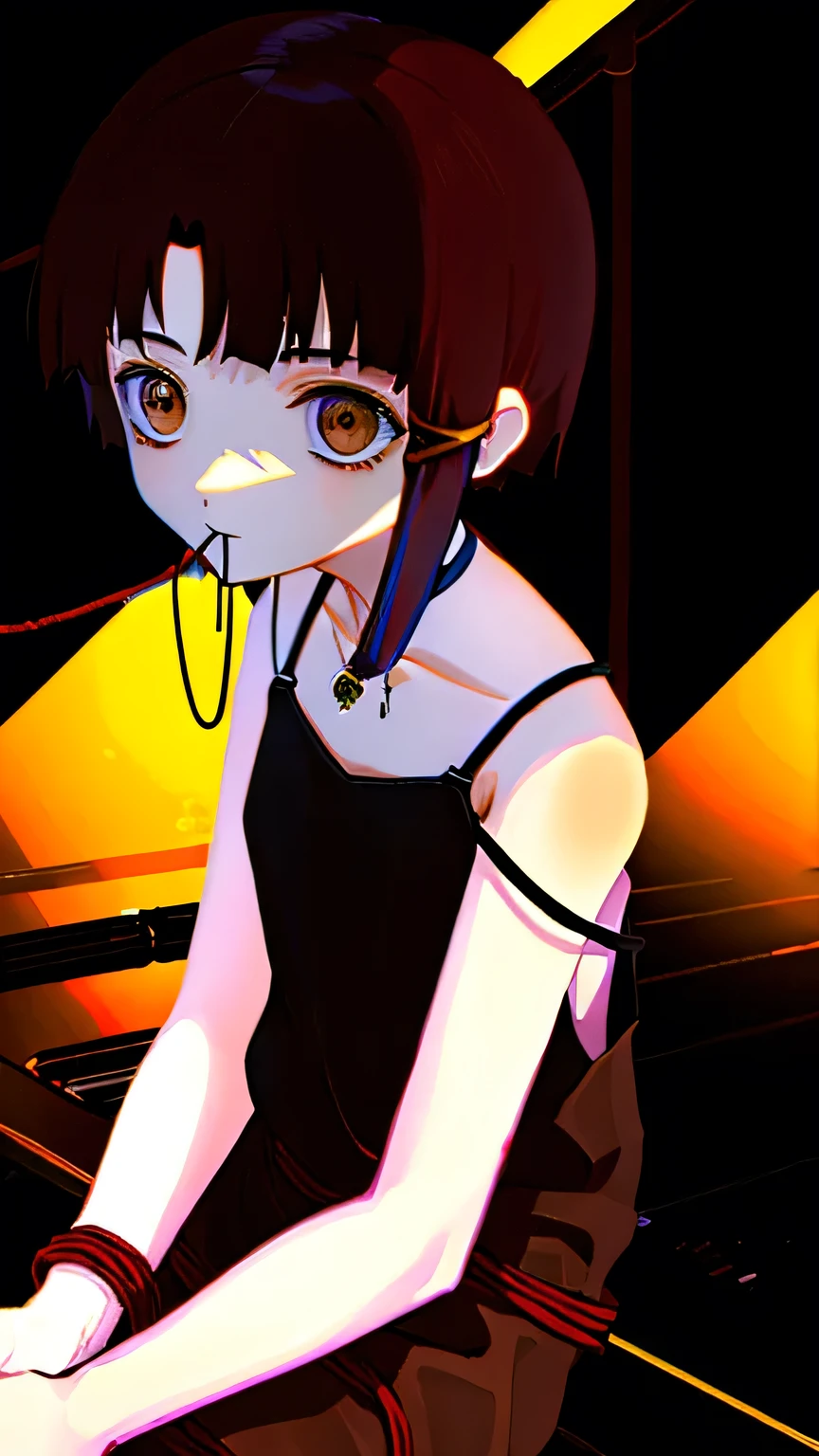solo,1female\(iwakura lain\(Serial Experiments Lain\),no expression at face,,(big eyes:1.2),brown eyes,eyes without shine,empty eyes,short asymmetry dark brown hair,yellow hairclip,white pale skin,(white long camisole:1.3),sitting on floor,(black cord from mouth:1.6),(looking at viewer),dynamic pose\), BREAK ,background\(inside,(dark room:1.6),(server room:1.6),(PC monitors shining green)\), BREAK ,quality\(8k,wallpaper of extremely detailed CG unit, masterpiece,hight resolution,top-quality,top-quality real texture skin,hyper realisitic,increase the resolution,RAW photos,best qualtiy,highly detailed,the wallpaper,cinematic lighting,ray trace,golden ratio\),(oil painting),dynamic angle,darkwoods style,close up face