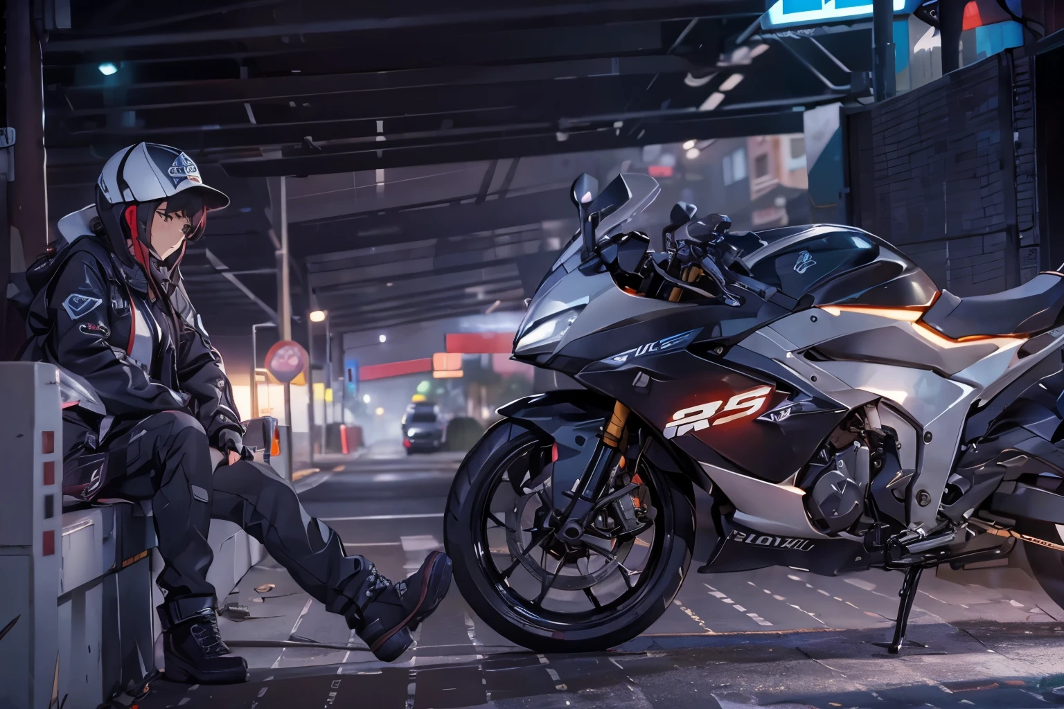 Girl riding a motorcycle、Wearing a jacket、Roadside Station,High-speed motorcycle ride through the city