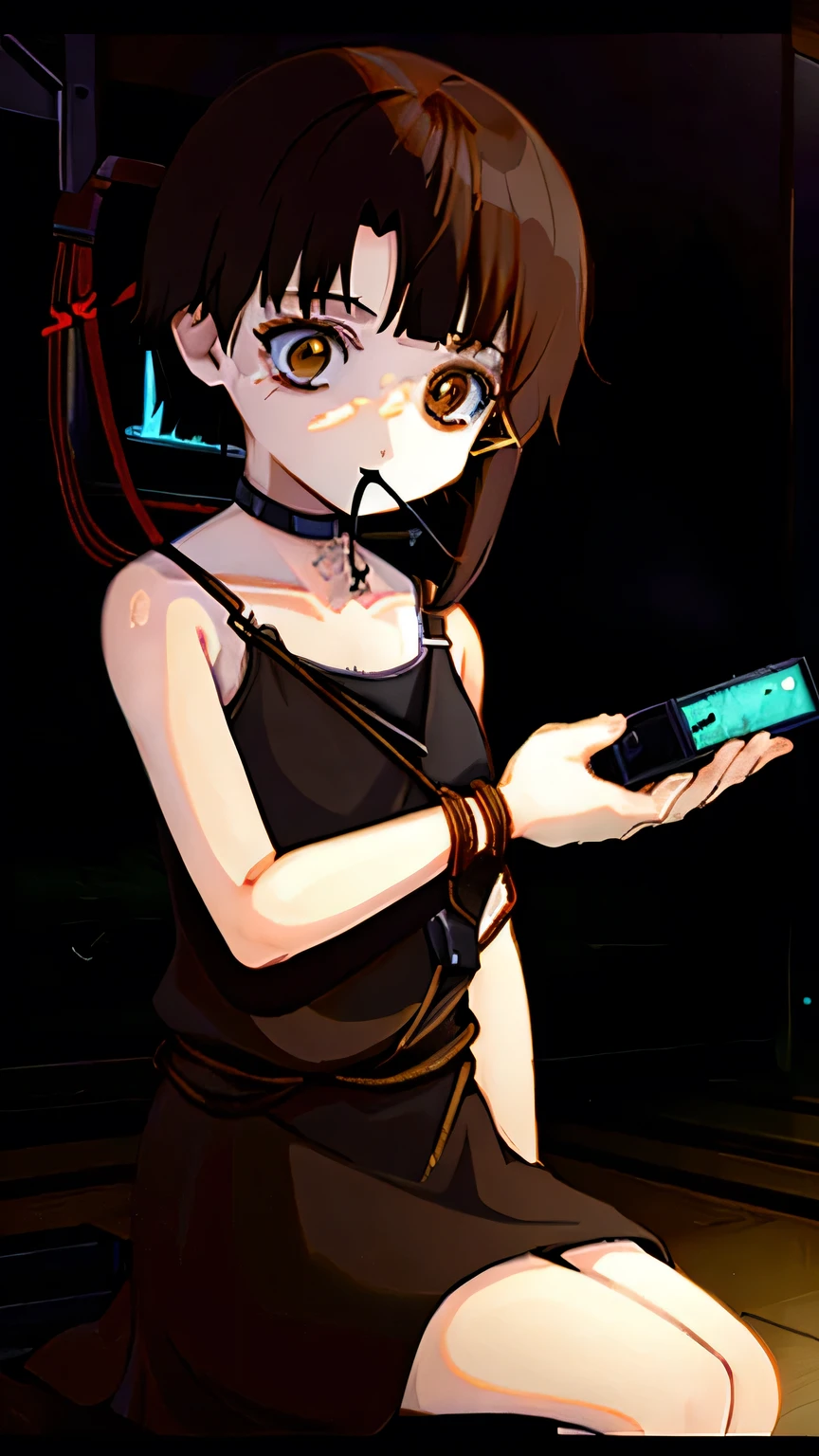 solo,1female\(iwakura lain\(Serial Experiments Lain\),no expression at face,age of 12,(big eyes:1.2),brown eyes,eyes without shine,empty eyes,short asymmetry dark brown hair,yellow hairclip,white pale skin,(white long camisole),sitting on floor,(black cord from mouth:1.6),(looking at viewer),dynamic pose\), BREAK ,background\(inside,(dark room:1.6),(server room:1.6),(PC monitors shining green)\), BREAK ,quality\(8k,wallpaper of extremely detailed CG unit, ​masterpiece,hight resolution,top-quality,top-quality real texture skin,hyper realisitic,increase the resolution,RAW photos,best qualtiy,highly detailed,the wallpaper,cinematic lighting,ray trace,golden ratio\),(oil painting),dynamic angle,darkwoods style,close up face