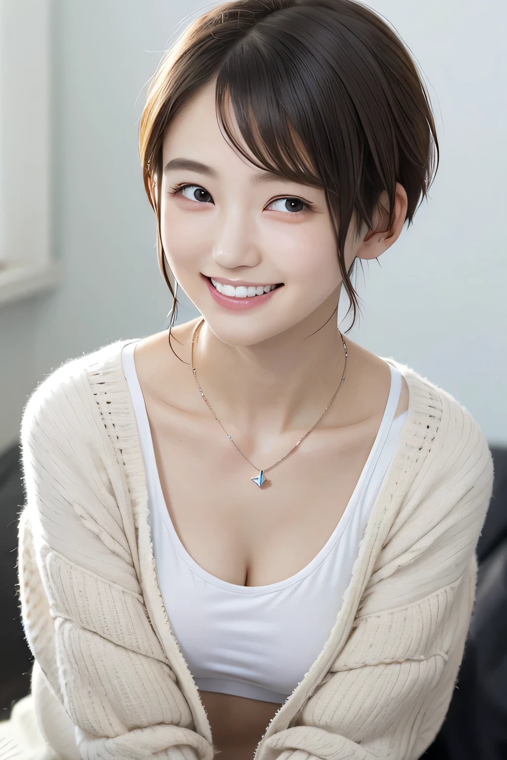 205 ((short hair)), 20-year-old female, In underwear、cardigan、Open your mouth、smile、Beautiful teeth alignment、Black Hair、ear piercing、Necklace around the neck、Looking into the camera, Waiting for the start