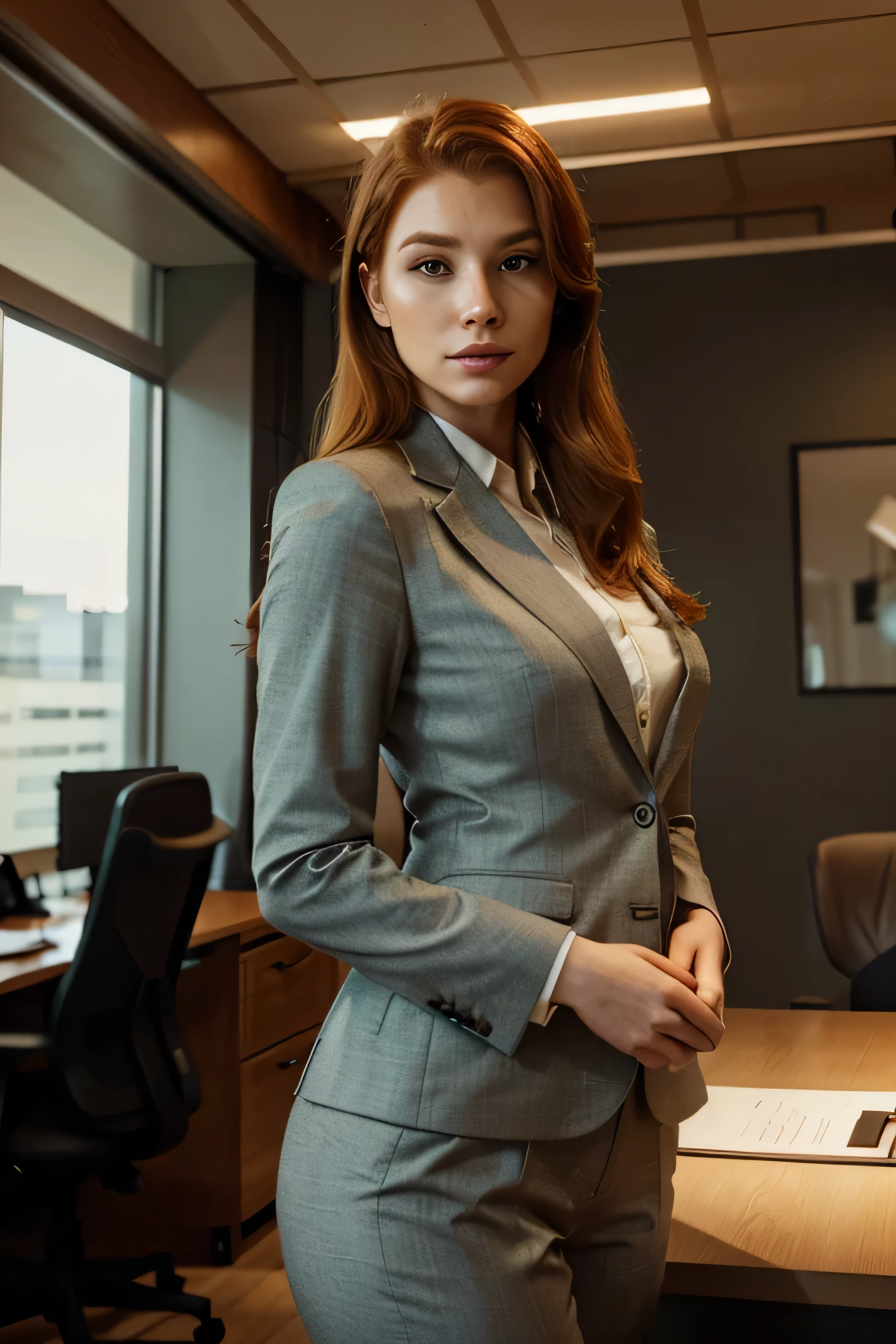 a thick ginger girl in a well-tailored business suit, detailed facial features, beautiful eyes, long eyelashes, elegant posture, confident expression, indoor setting with modern office decor, warm lighting, photorealistic, highly detailed, cinematic composition, subdued color palette