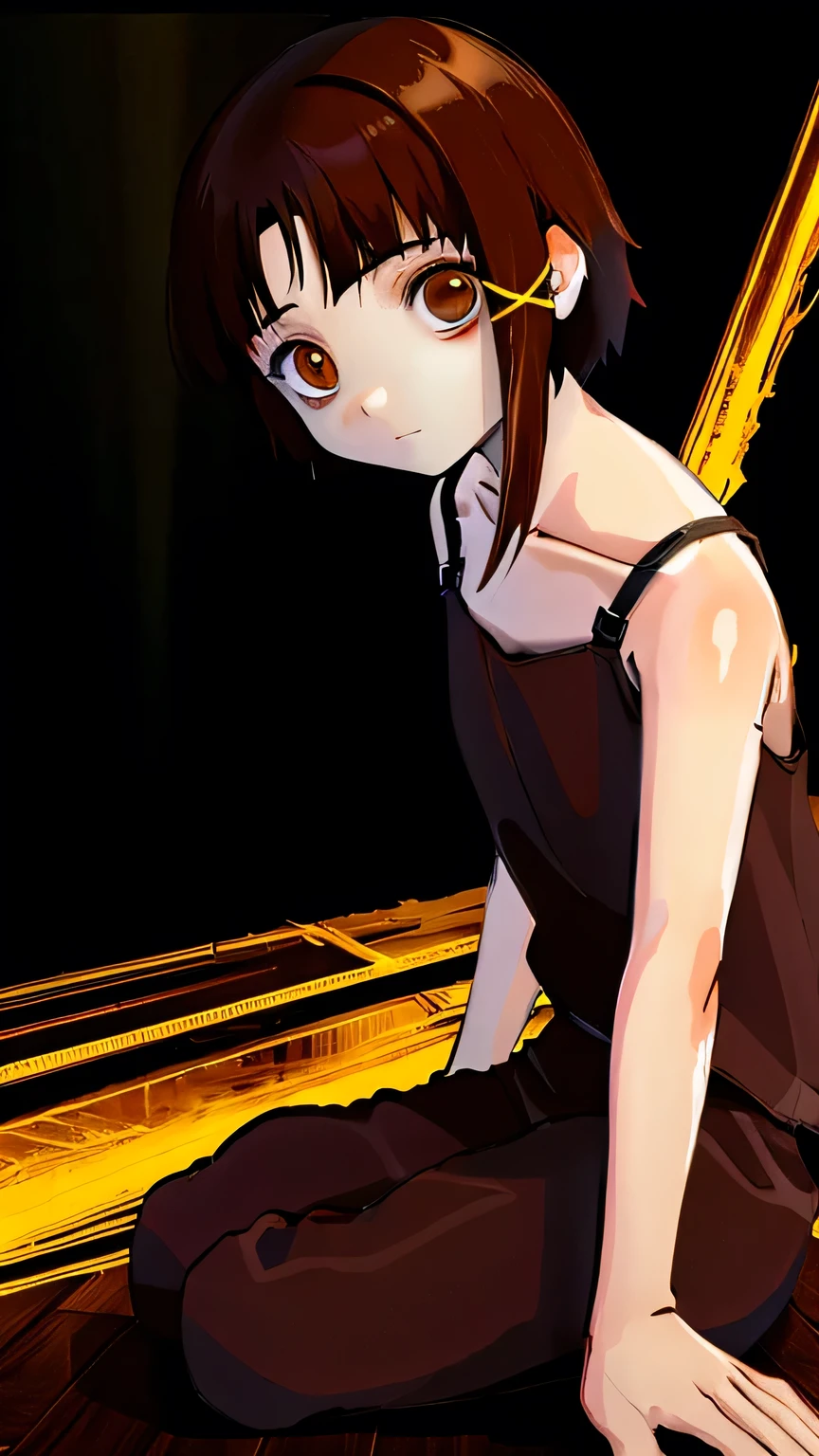 solo,1female\(iwakura lain\(Serial Experiments Lain\),no expression at face,bags under eyes,age of 12,(big eyes:1.2),brown eyes,eyes without shine,short asymmetry dark brown hair,yellow hairclip,white pale skin,white long camisole,sitting on floor,(biting black cord),looking at viewer,dynamic pose\), BREAK ,background\(inside,(dark room:1.6),(so many cables:1.3), PC monitors shining green\), BREAK ,quality\(8k,wallpaper of extremely detailed CG unit, ​masterpiece,hight resolution,top-quality,top-quality real texture skin,hyper realisitic,increase the resolution,RAW photos,best qualtiy,highly detailed,the wallpaper,cinematic lighting,ray trace,golden ratio\),(oil painting),dynamic angle,darkwoods style