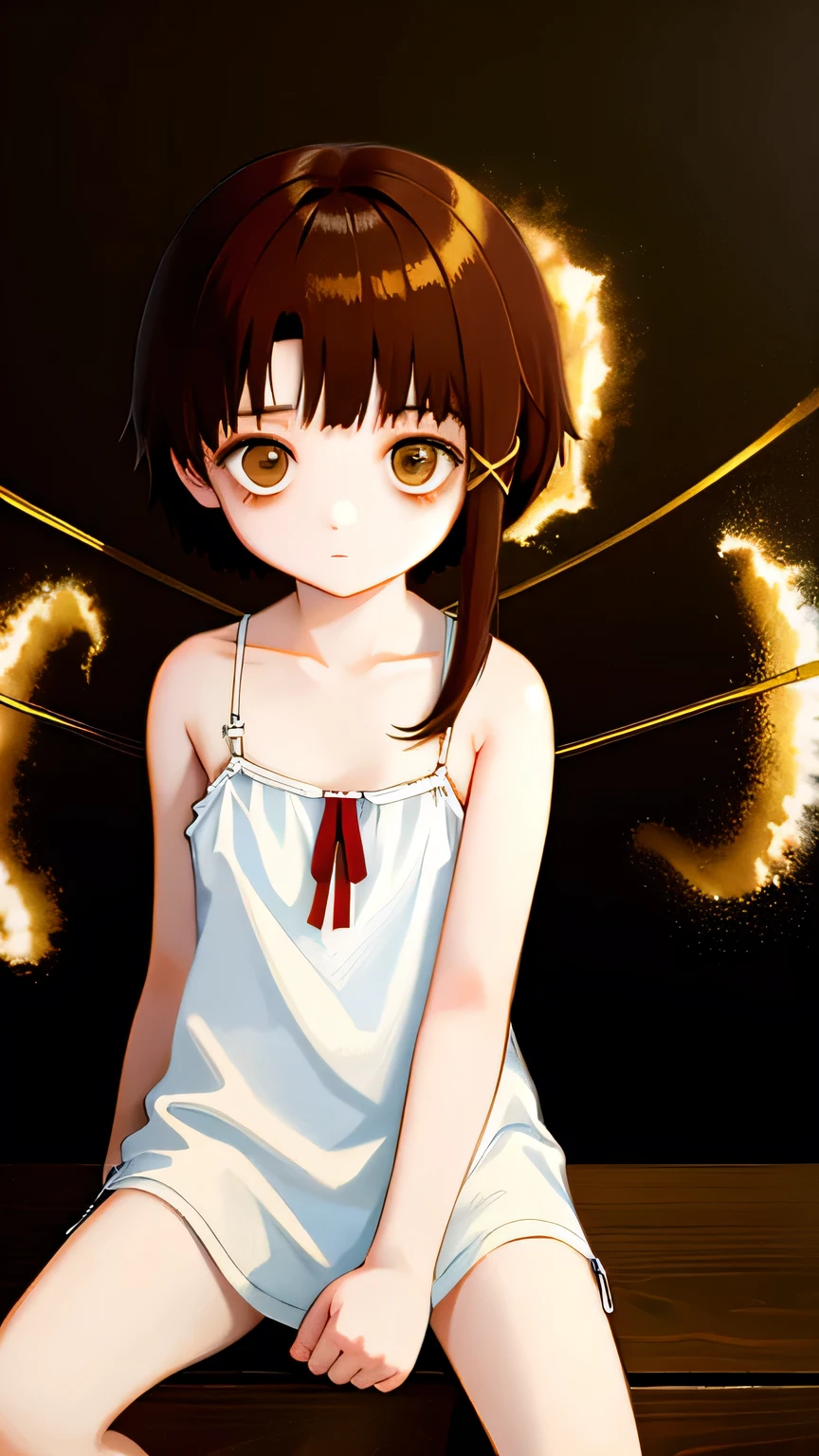 solo,1female\(iwakura lain\(Serial Experiments Lain\),no expression at face,bags under eyes,age of 12,(big eyes:1.2),brown eyes,eyes without shine,short asymmetry brown hair,yellow hairclip,white pale skin,white long camisole,sitting,biting black cable\), BREAK ,background\(inside dark room,(many cables),many shining monitors\), BREAK ,quality\(8k,wallpaper of extremely detailed CG unit, ​masterpiece,hight resolution,top-quality,top-quality real texture skin,hyper realisitic,increase the resolution,RAW photos,best qualtiy,highly detailed,the wallpaper,cinematic lighting,ray trace,golden ratio\),(oil painting),dynamic angle