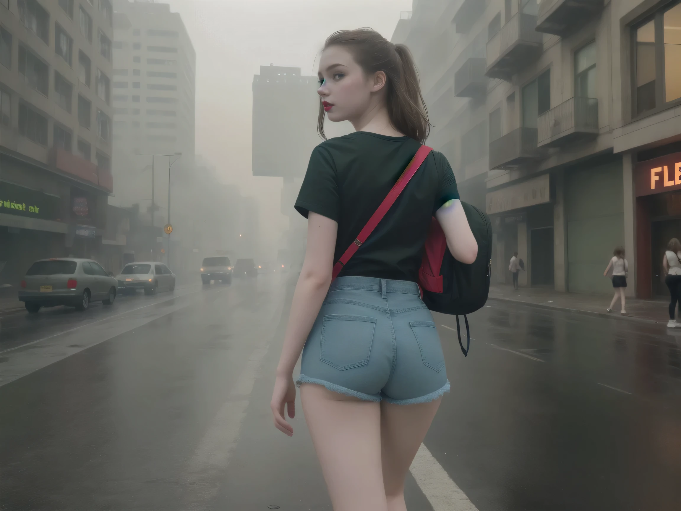 ((high definition)) Araffe beautiful young teen (pale skin) walking down a street in a dirty city, tight denim shorts, black t-shirt, green backpack, red lipstick,  burning buildings, rain