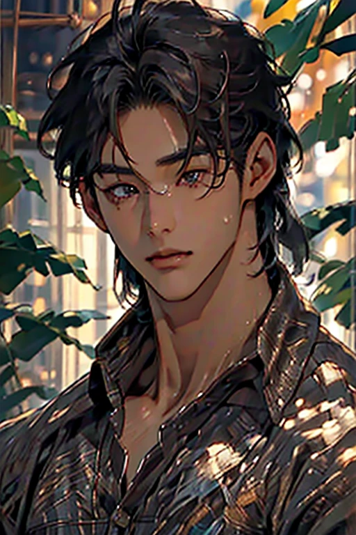 (( very highest quality, masterpieces, 4k, very finely detailed, detailed eyes, very detailed face (handsome, masculine, adult male,  nice broad shoulders dark brownish  hair, longish hair, shaggy hairstyle, messy hair))Young perfect Korean males with perfect well built bodies chiseled sculpted sculptured looks features detailed with 80s look nothing abnormal