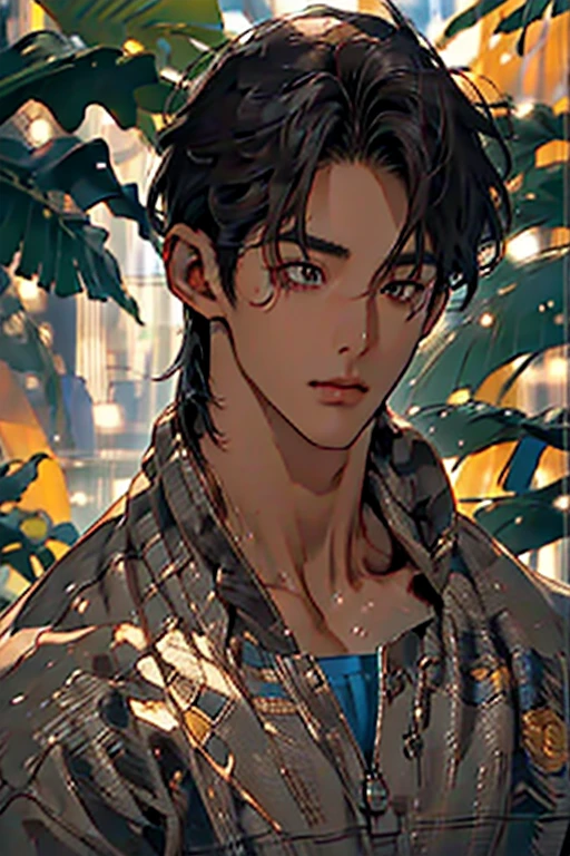 (( very highest quality, masterpieces, 4k, very finely detailed, detailed eyes, very detailed face (handsome, masculine, adult male,  nice broad shoulders dark brownish  hair, longish hair, shaggy hairstyle, messy hair))Young perfect Korean males with perfect well built bodies chiseled sculpted sculptured looks features detailed with 80s look nothing abnormal