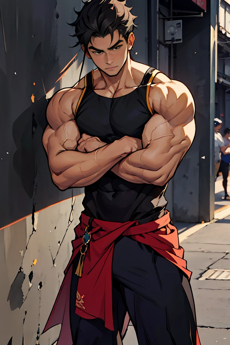 show off thick arms to the audience，closeup of arms，Shoulders exposed，Stout arms，A mais alta qualidade de imagem，Pessoas do sexo masculino，Child，1 ******，jovem e bonito，Shoun，cabelos brancos，Cabelo liso curto，Pele escura，Anime peito grande，anime wallpaper，sozinho，Foco Masculino，cuecas，Dilation of the pectoral muscles，capa vermelhirilha saliente，Fundo Urbano，Espalhe as pernas，sexy,(master part, best quality),meias brancas longaotas Red Martin，strong,