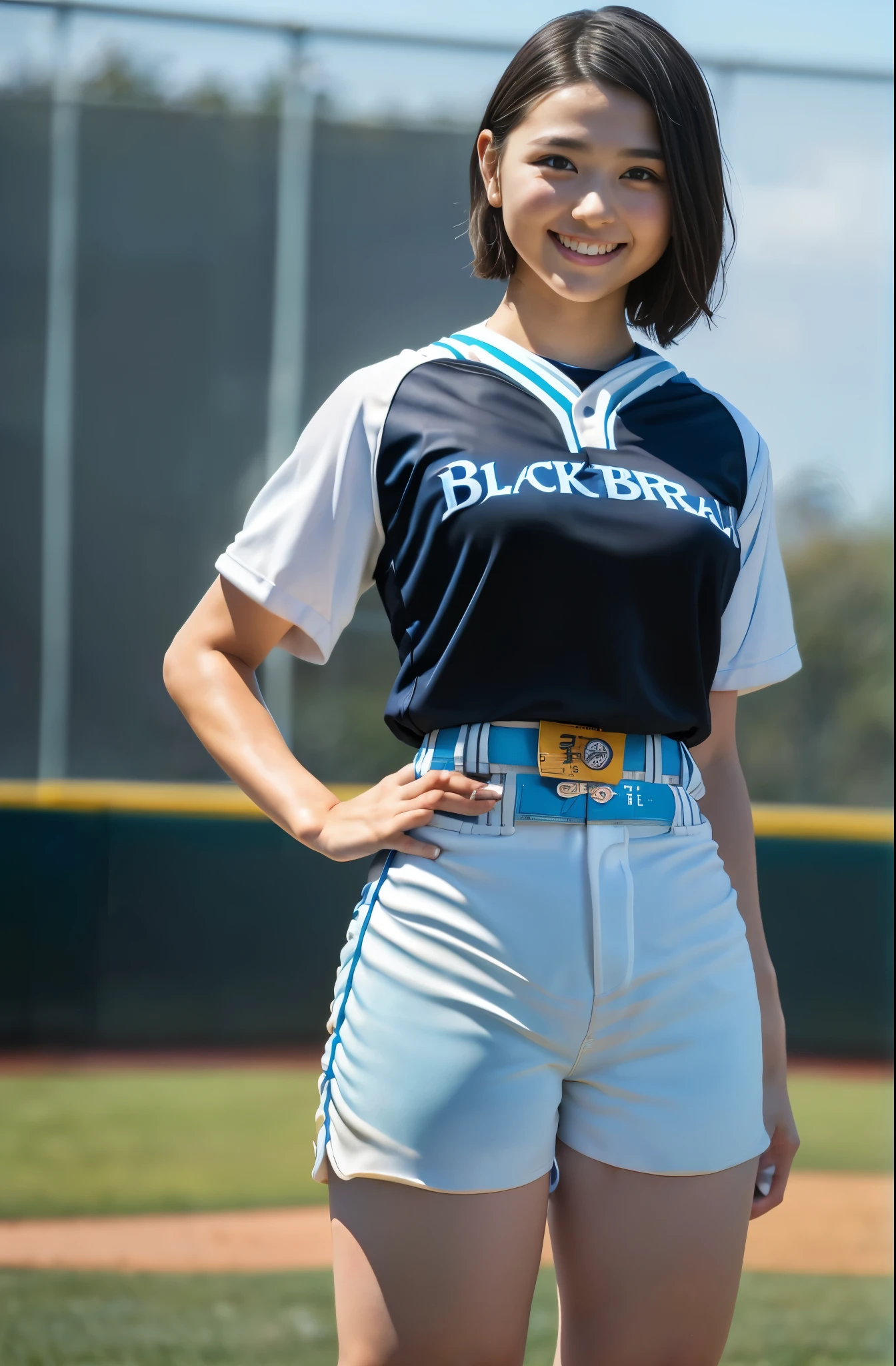 （8k、Raw photography、highest quality、masterpiece：1.2),(Black-haired、Very short hair:1.8),(ponytail:1.3)、View your viewers,Viewed from the front,White skin,(high school girl、Light blue baseball uniforms:1.7)、(Tight waist:1.6)、(Clothes that accentuate the shape of the breasts:1.0)、(Big Breasts :1.3)、Slim figure、Ultra-high resolution,beautiful,beautiful fece,(one person、No background:1.9),whole bodyボディー,Japanese women,（reality的：1.37）、Photon Mapping,reality、(Baby-faced and cute: 1.4)、(Cute Smile: 1.8)、(Round face: 1.8)、Radio City、Physically Based Rendering、Depth of field rally background、photograph, (I can see your knees、Very short white shorts、Thigh close-up:1.8),（:1.4）,whole body、Great quality