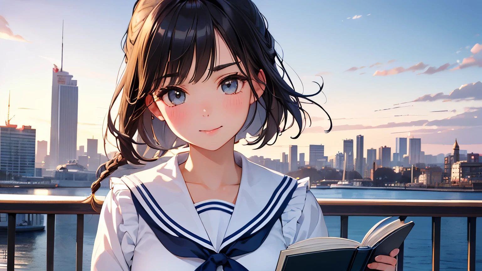 highest quality、High resolution、Detailed Background、(Beautiful face in every detail:1.4)、Anatomically correct、(Detailed facial expressions)、(Fine grain:1.2)、Teenage Beauty、(Highly detailed face:1.4)、(Huge breasts:1.2)、Light-colored hair、Bobcut、ponytail、Braided long hair、well-groomed eyebrows、Perfect body line、Big smile、(Retro cityscape and girls:1.5)、Clean atmosphere、Picturesque landscapes,Female,whole body,I have a book,
The sailor suit design、Classic navy blue with white accents.、Wear a sailor collar or a blouse with frills、Pleated and flared skirts are recommended.、Matching frills with accessories will create a unified look..、Pastel colored sailor blouse and skirt、Pink or Blue、ラベンダーなどの優しい色合いがcute、
Pair it with white items for a clean look.、cute,Reading a book,Attractive legs
