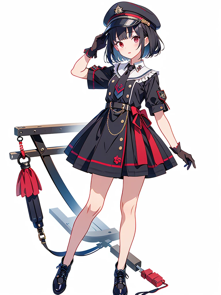 1girl、highest quality、vtuber-fullbody、Milky white short hair、Masterpiece、Official Art、The best composition、Standing in front of the viewer、Simple Background、Black and red gothic military、m1l1t4ry, necktie, black gloves, black dress, peaked cap, puffy dress, short sleeves,