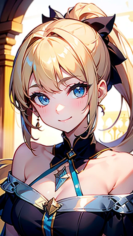 High quality, Best quality , masterpiece, Portrait、、Bright expression、ponytail、Young, shiny, white, glossy skin、Gloss Face、Shining Cheek Gloss、Small Face Beauty、The best beauty、The dazzling light of blonde hair、Bright blonde hair with dazzling highlights、Very beautiful shiny light blonde hair、super long silky straight hair、Her shiny, beautiful bangs are covering her eyes.、Sparkling, clear, attractive, bright, large, pale blue eyes、Very big eyes、eyeliner、very beautiful lovely cute 16 year old girl、young girl, Ample Bust, upper body , (smile:1.2) , (((gorgeous dress :1.2, off shoulder, ponytail )))),in castle ,huge breast , smile
