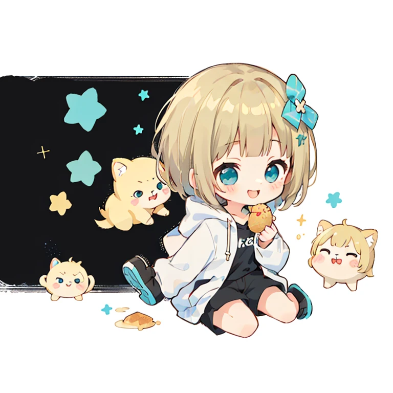 Momoko Sakura style, Kawaii Design, 、The most beautiful girl of all time、Little, Blonde Hair、Short Mash Hair、The front hair is even、Turquoise Eyes、White hoodie、Black hot pants、Black sneakers、He has food stuffed in his cheeks and looks happy.、breast enhancement、I puff out my cheeks