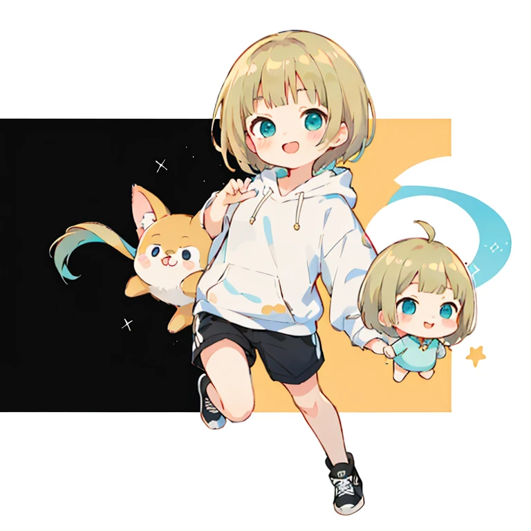 Momoko Sakura style, Kawaii Design, 、The most beautiful girl of all time、Little, Blonde Hair、Short Mash Hair、The front hair is even、Turquoise Eyes、White hoodie、Black hot pants、Black sneakers、He has food stuffed in his cheeks and looks happy.、breast enhancement、I puff out my cheeks