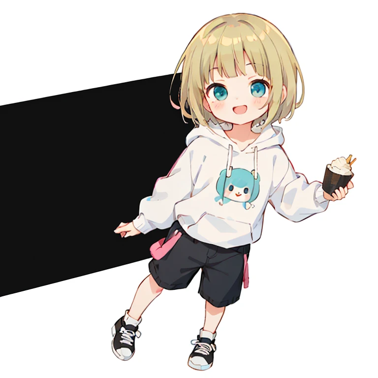 Momoko Sakura style, Kawaii Design, 、The most beautiful girl of all time、Little, Blonde Hair、Short Mash Hair、The front hair is even、Turquoise Eyes、White hoodie、Black hot pants、Black sneakers、He has food stuffed in his cheeks and looks happy.、breast enhancement、I puff out my cheeks