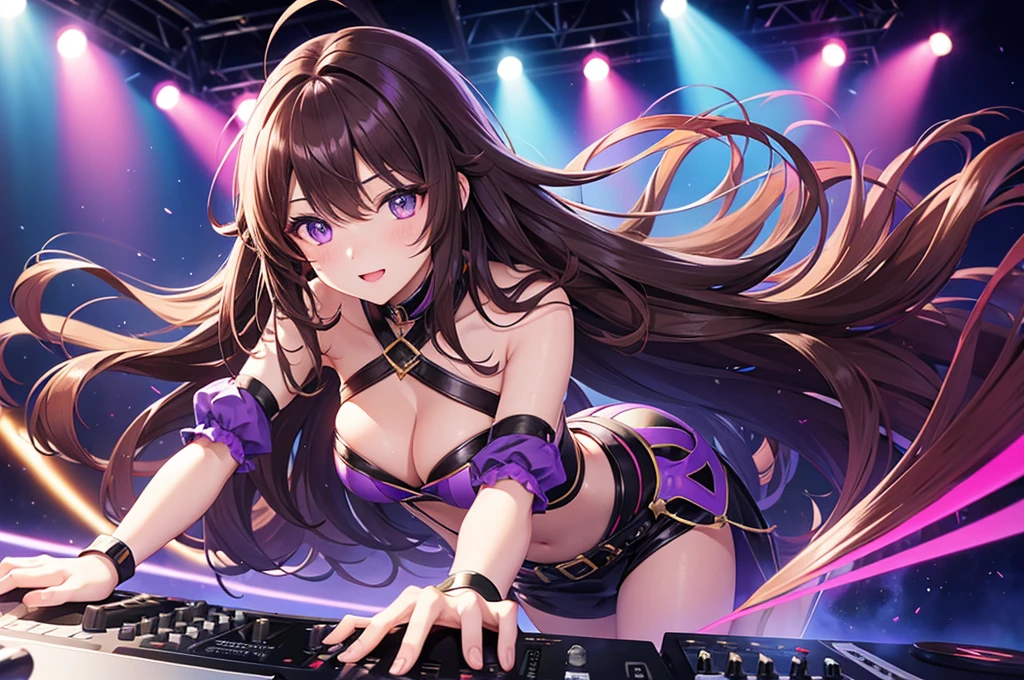 20-year-old woman、Purple Eyes、Long and wavy hair、Brown Hair、DJing、Spotlight、Nice costume、Wide angle、laser