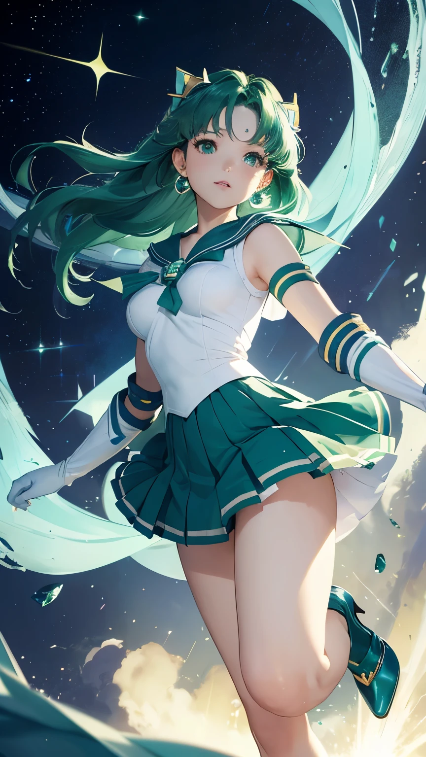 highest quality, masterpiece, High resolution, One girl, ((Sailor Neptune)), (Sailor Warrior Uniform:1.2), (Aqua Eye:0.9), Dark green hair, Medium Hair, Earrings, jewelry, Intricate details, (White elbow gloves:1.1),Mid-chest, Pleated skirt,High heels,whole body, Dynamic Background, Dynamic posture,