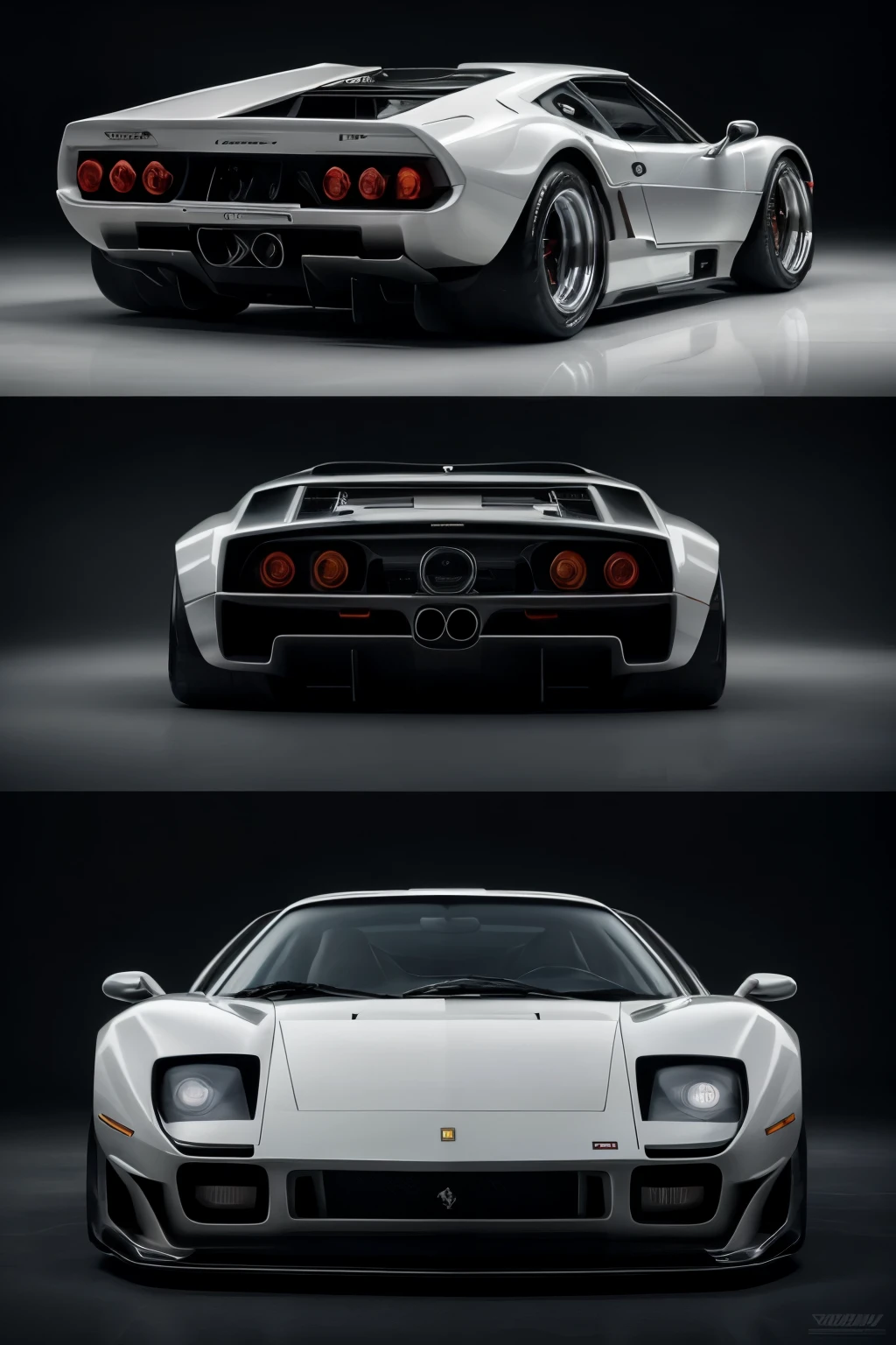 A breathtaking masterpiece of automotive art, this image captures the fusion of two legendary supercars, the Ferrari F-40 and the Lamborghini Countach LP500s. The design is a harmonious blend of sleek lines, aggressive and aerodynamic contours, and iconic features from both iconic vehicles.

In the front view, the low-slung, wedge-shaped body reveals a Ferrari F-40-inspired nose with sharply creased hood and pop-up headlights, while the Countach LP500s-inspired scissor doors add an element of drama and exclusivity. The side profile showcases the