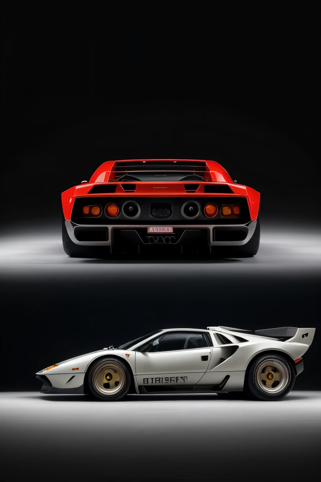 A breathtaking masterpiece of automotive art, this image captures the fusion of two legendary supercars, the Ferrari F-40 and the Lamborghini Countach LP500s. The design is a harmonious blend of sleek lines, aggressive and aerodynamic contours, and iconic features from both iconic vehicles.
In the front view, the low-slung, wedge-shaped body reveals a Ferrari F-40-inspired nose with sharply creased hood and pop-up headlights, while the Countach LP500s-inspired scissor doors add an element of drama and exclusivity. The side profile showcases the