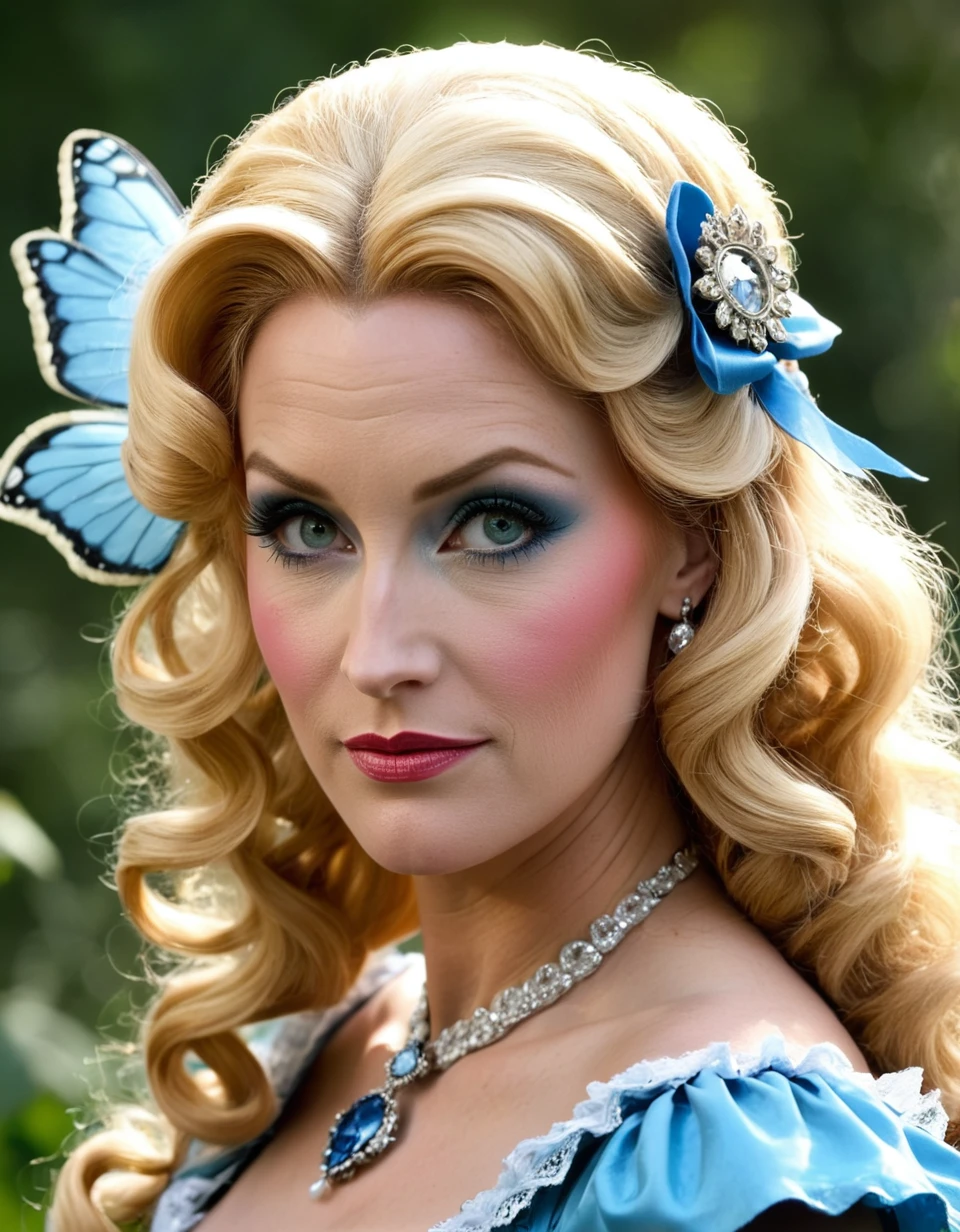 solo Belle Delphine as Alice in wonderland, blonde hair, mature Belle Delphine, looking serious, fairy tales, in fantasy style