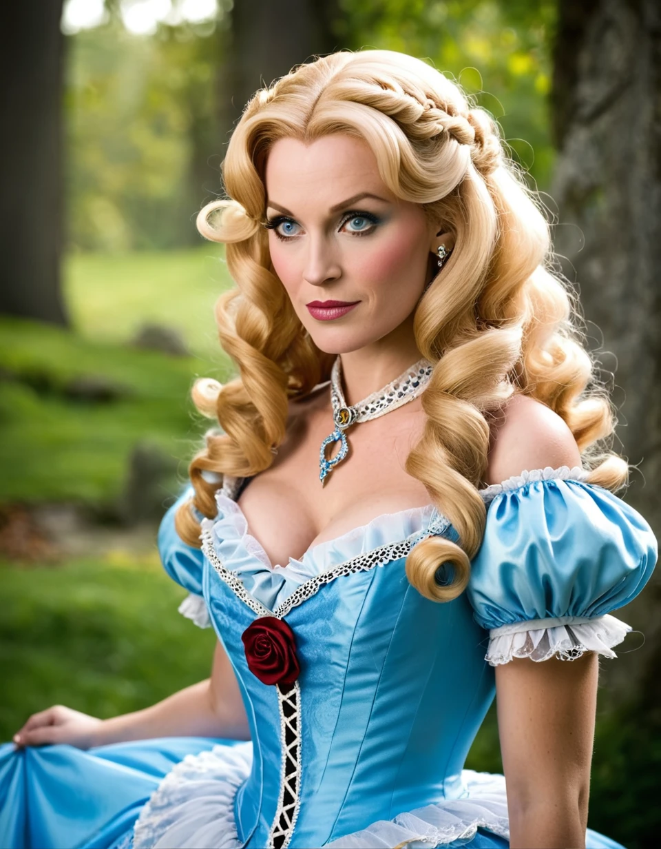 solo Belle Delphine as Alice in wonderland, blonde hair, looking serious, fairy tales, in fantasy style