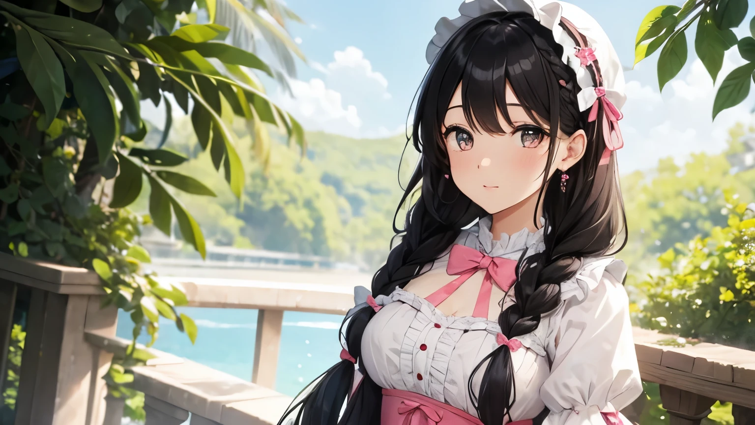 A beautiful woman wearing a pink and white sweet ta dress with lots of frills and lace Long sleeve Black hair braid with hair ornament Upper Body
