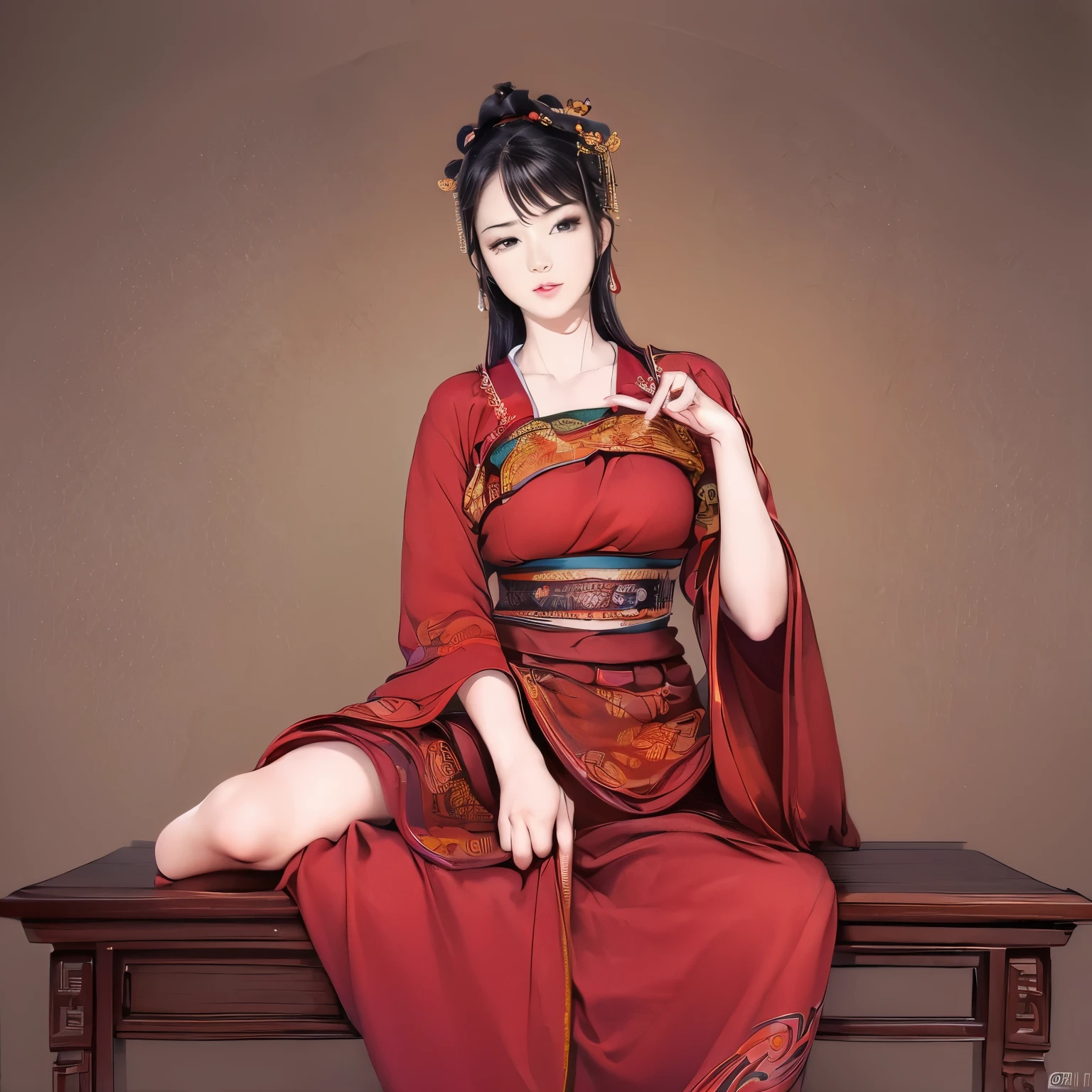 ((high-definition Chinese traditional ink image, hanfu)), eyes realistic sizing, drooping eyes, smiling, ((spread legs, standing and straddling to hit her crotch on a corner of the table for masturbation)), ((pubic hair, large areolas, orgasm)), old fashion, open mouth, old temple,