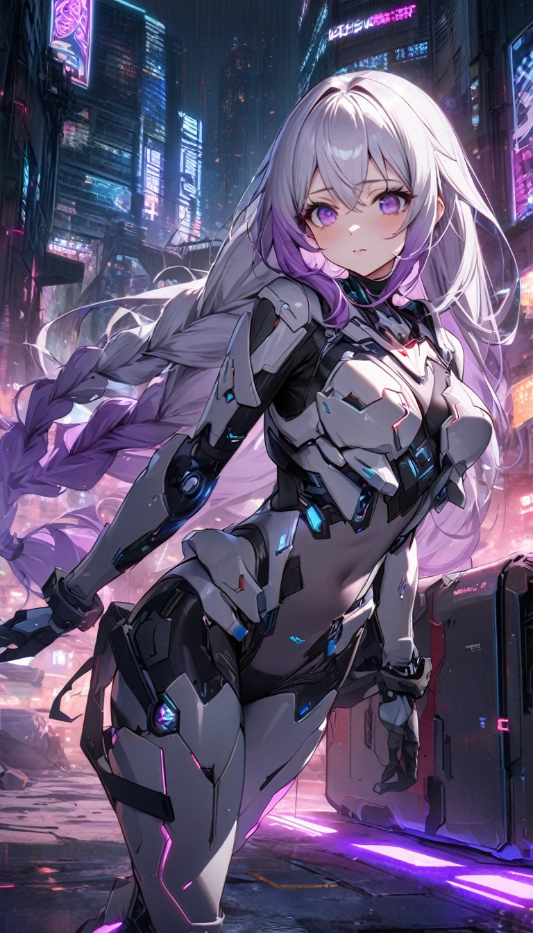 （high resolution，masterpiece，best quality，Extremely detailed CG）A young girl wearing an elaborate bone-enhanced exoskeleton armor，yinji, purple hair, purple eyes, long hair, white hair, double braids, gradient hair,Its well-made，Smooth and shiny, Has a complex mechanical design、Sharp Edges, (Skeleton powered suit：1.2),(Bone-enhanced exoskeleton suit：1.4),(Bone-type reinforced exoskeleton armor：1.2), The background is futuristic、dystopian cityscape，There are tall skyscrapers、Neon lights and gloomy cyberpunk atmosphere,