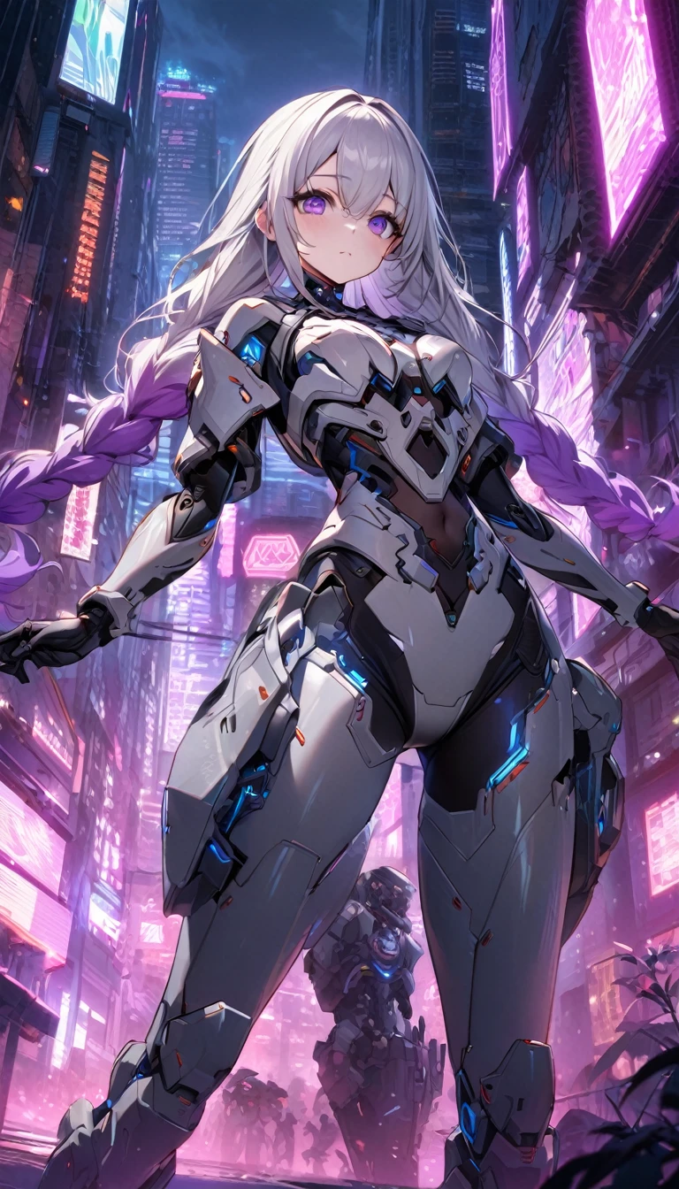 （high resolution，masterpiece，best quality，Extremely detailed CG）A young girl wearing an elaborate bone-enhanced exoskeleton armor，yinji, purple hair, purple eyes, long hair, white hair, double braids, gradient hair,Its well-made，Smooth and shiny, Has a complex mechanical design、Sharp Edges, (Skeleton powered suit：1.2),(Bone-enhanced exoskeleton suit：1.4),(Bone-type reinforced exoskeleton armor：1.2), The background is futuristic、dystopian cityscape，There are tall skyscrapers、Neon lights and gloomy cyberpunk atmosphere,