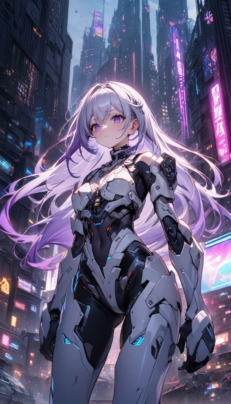 （high resolution，masterpiece，best quality，Extremely detailed CG）A young girl wearing an elaborate bone-enhanced exoskeleton armor，yinji, purple hair, purple eyes, long hair, white hair, double braids, gradient hair,Its well-made，Smooth and shiny, Has a complex mechanical design、Sharp Edges, (Skeleton powered suit：1.2),(Bone-enhanced exoskeleton suit：1.4),(Bone-type reinforced exoskeleton armor：1.2), The background is futuristic、dystopian cityscape，There are tall skyscrapers、Neon lights and gloomy cyberpunk atmosphere,