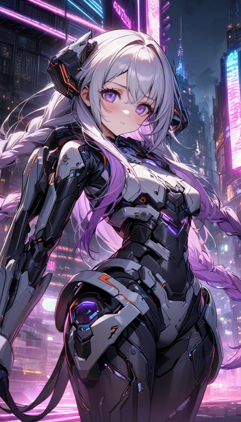 （high resolution，masterpiece，best quality，Extremely detailed CG）A young girl wearing an elaborate bone-enhanced exoskeleton armor，yinji, purple hair, purple eyes, long hair, white hair, double braids, gradient hair,Its well-made，Smooth and shiny, Has a complex mechanical design、Sharp Edges, (Skeleton powered suit：1.2),(Bone-enhanced exoskeleton suit：1.4),(Bone-type reinforced exoskeleton armor：1.2), The background is futuristic、dystopian cityscape，There are tall skyscrapers、Neon lights and gloomy cyberpunk atmosphere,