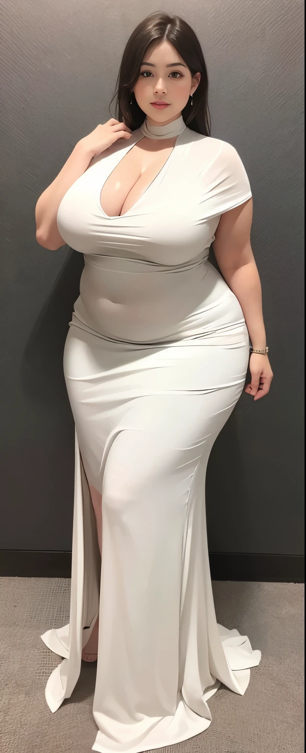 Chubby woman with fat belly and tight thighs, full body, 50-year-old mature woman, thick hips, thick neck, thick chest, big eyes, wearing a longest dress