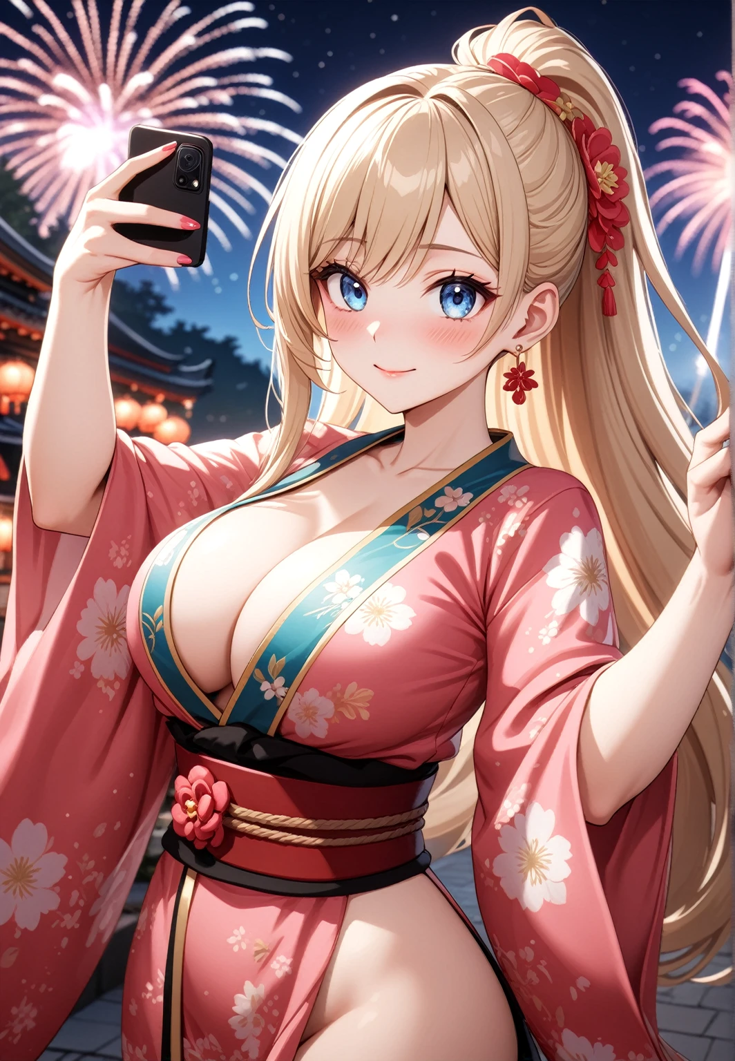 ((one personの女性)), Beautiful Face,Embarrassed and kind expression,Laugh embarrassedly,(Taking a selfie with my boyfriend),turn bright red,Glossy pink lips,night,Shrine festival sexpensives,firework, ((Anime style background)),masterpiece, highest quality, so beautiful, Latest, Complex details, (Pink long nails),AI-generated, Complex,High resolution, highest quality, super high quality,3D Images、View your viewers、3D Images,one person,Long Blonde Hair,High Ponytail,blue eyes,Anime woman posing for a photo, [[Fine grain、Colorful eyes、Shining Eyes:1.15]],(Squint your eyes:1.1),a hyperRealistic , hyperRealistic , Realistic,Blonde anime woman with long hair, Smooth anime CG art, A woman in a colorful kimono with gold embroidery, (Yellow kimono),Red floral pattern,Long flower hair ornament,Big earrings,(Big Breasts:1.2),Mature Body,expensive,Big Ass,Fine details,Tight waist,Abdominal muscles,Shooting at an angle