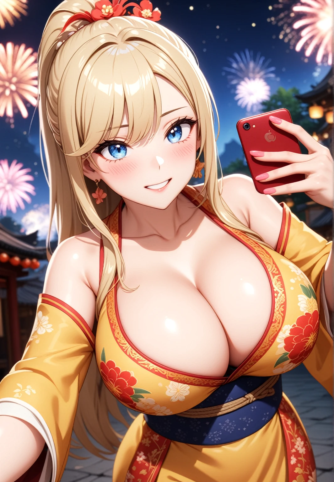 ((one personの女性)), Beautiful Face,Embarrassed and kind expression,Laugh embarrassedly,(Taking a selfie with my boyfriend),turn bright red,Glossy pink lips,night,Shrine festival sexpensives,firework, ((Anime style background)),masterpiece, highest quality, so beautiful, Latest, Complex details, (Pink long nails),AI-generated, Complex,High resolution, highest quality, super high quality,3D Images、View your viewers、3D Images,one person,Long Blonde Hair,High Ponytail,blue eyes,Anime woman posing for a photo, [[Fine grain、Colorful eyes、Shining Eyes:1.15]],(Squint your eyes:1.1),a hyperRealistic , hyperRealistic , Realistic,Blonde anime woman with long hair, Smooth anime CG art, A woman in a colorful kimono with gold embroidery, (Yellow kimono),Red floral pattern,Long flower hair ornament,Big earrings,(Big Breasts:1.2),Mature Body,expensive,Big Ass,Fine details,Tight waist,Abdominal muscles,Shooting at an angle