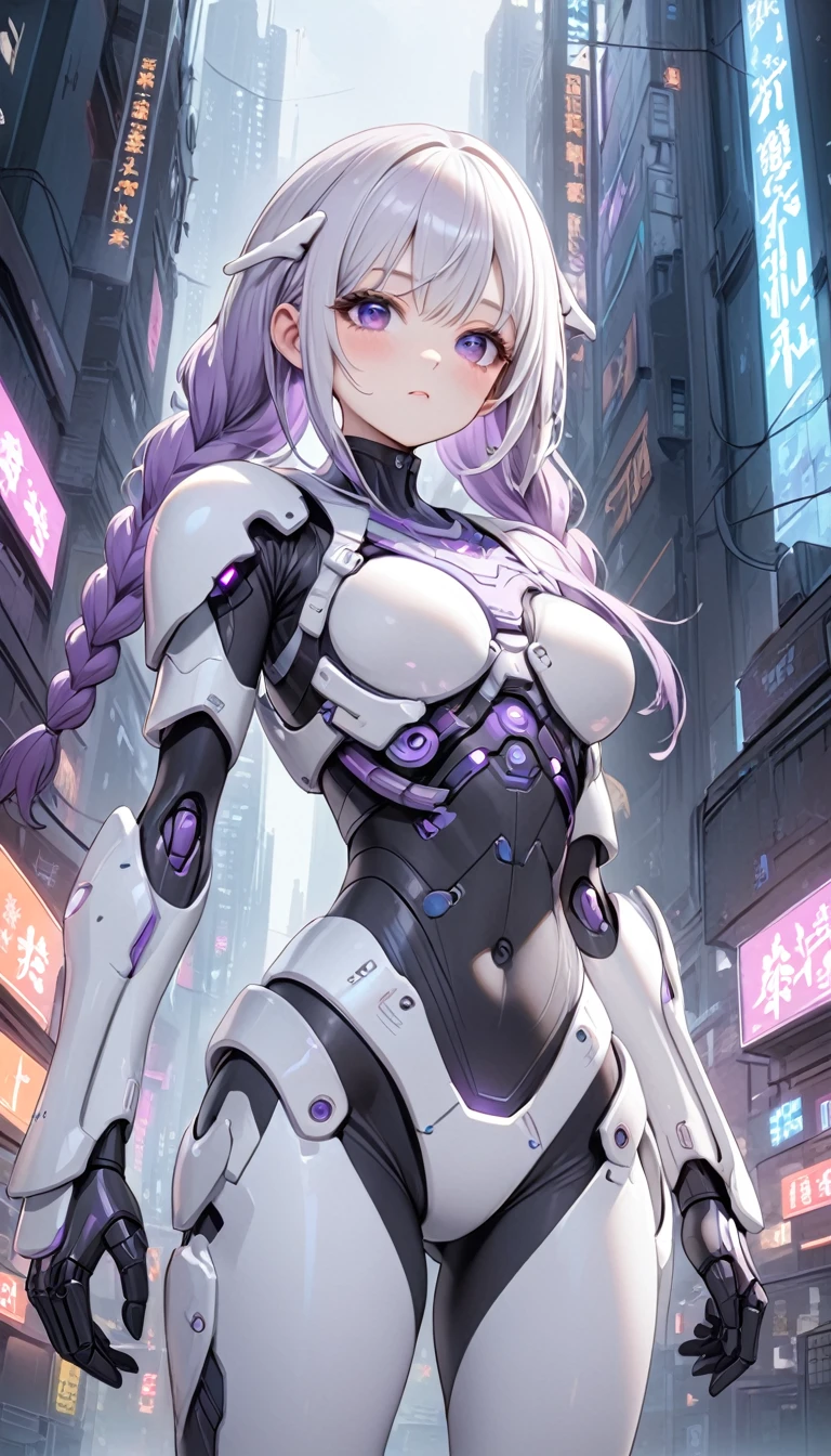 （high resolution，masterpiece，best quality，Extremely detailed CG）A young girl wearing an elaborate bone-enhanced exoskeleton armor，yinji, purple hair, purple eyes, long hair, white hair, double braids, gradient hair,Its well-made，Smooth and shiny, Has a complex mechanical design、Sharp Edges, (Skeleton powered suit：1.2),(Bone-enhanced exoskeleton suit：1.4),(Bone-type reinforced exoskeleton armor：1.2), The background is futuristic、dystopian cityscape，There are tall skyscrapers、Neon lights and gloomy cyberpunk atmosphere,