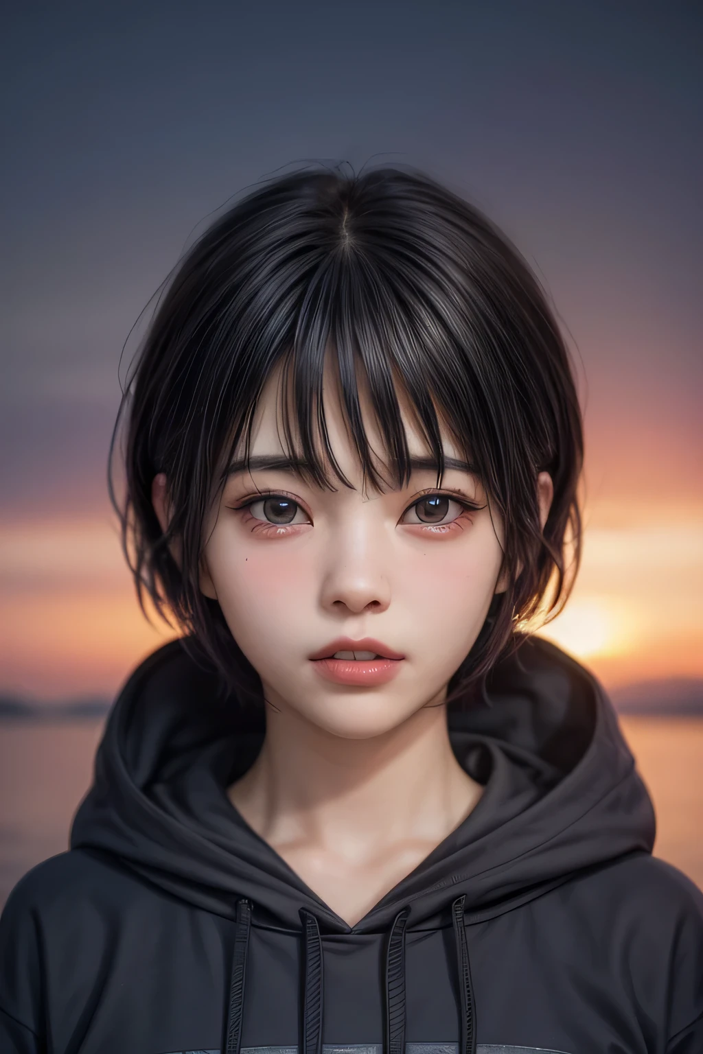 (NSFW:-1.5), (masterpiece:1.3), (8k, photorealistic, RAW photo, best quality: 1.4), 
cinematic lighting, 
(1girl), beautiful face, (realistic face), 
beautiful hairstyle, (short hair :1.5),
realistic eyes, beautiful detailed eyes, 
(realistic skin), beautiful skin, 
(hoodie without a hood), 
absurdres, attractive, 
ultra high res, ultra realistic, highly detailed, 
golden ratio,  aina, 