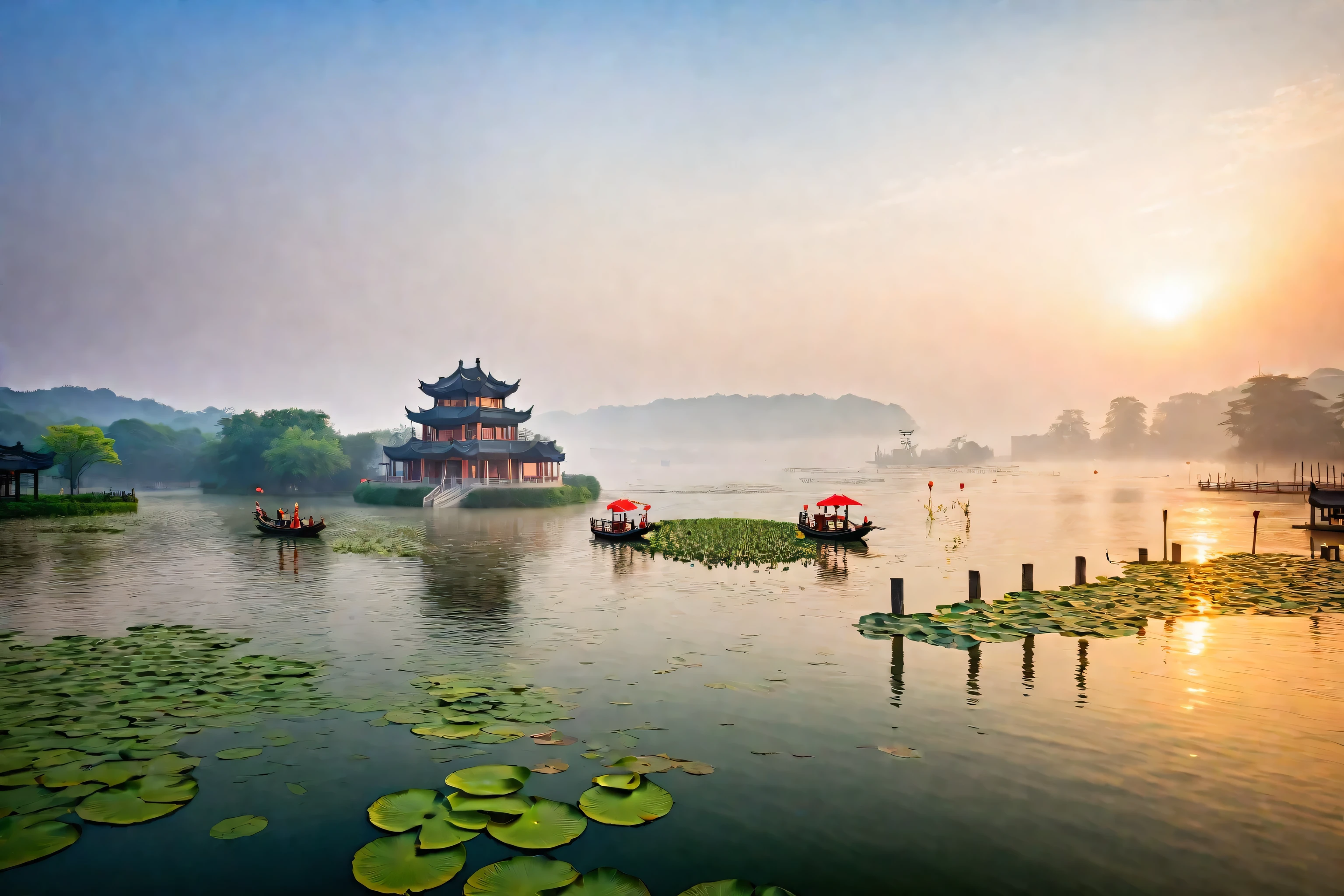 Alafud Lake View,Pagoda in the background, Chinese scenery, Hangzhou, old Chinese building, nice images, Sunset, Sunset, Tang Dynasty Palace, at sunrise, Lotus flowers on the water, At sunrise, Lotus Pond, shutter, author:Shi Rui, Beautiful scenery, There is a small boat on the river at night with two people misting, Chinese scenery, (mist), old Chinese building, foggy photo 8k,Drone shooting of mist, Chinese dreamland masterpiece、high resolution, (Reality:1.4), reality photos, Ultra-wide-angle view, National Geographic Photo, RAW photos,Best quality),(reality,照片Reality:1.3),masterpiece,Extremely exquisite and beautiful,high resolution,Original,Perfect lighting,Amazing,Fine details
