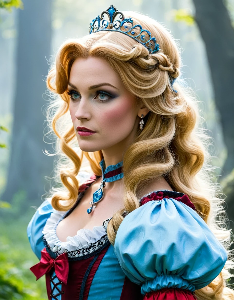 solo Belle Delphine as Alice in wonderland, blonde hair, looking serious, fairy tales, in fantasy style