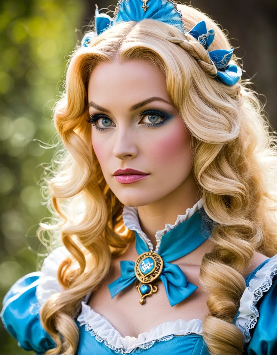 solo Belle Delphine as Alice in wonderland, blonde hair, looking serious, fairy tales, in fantasy style