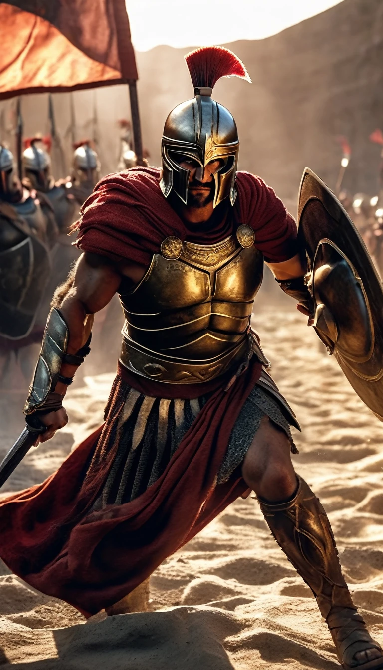 Full body, Create a detailed image of the annual Spartan event, featuring a massive arena where the best Spartan warriors and the bravest Helot slaves prepare to battle to the death, detailed face, detailed face expressions, natural face expressions, face in detail, asymmetrical faced, fair and smooth skin, detailed hands, detailed fingers, masterpiece, cinematic lighting, physically based rendering, lens flare, award winning rendering, perfect rendering detail, 8K, realism, detailed background, everything in detail, cinematic shot, dynamic lighting, 75mm, Technicolor, Panavision, cinemascope, fine details, 8k, HDR, realism, realistic, key visual, film still, superb cinematic color grading, depth of field,