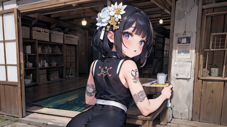 (Obra de arte, maximum quality, melhor qualidade, arte oficial, beautiful and aesthetic:1.2),1 garota, tatuagem, Sozinho, roupas japonesas,  hair ornament, unbainhaing, cabelo preto, bainha, back tatuagem, olhos azuis,  fora do ombro, Ombros nus, looking back, from behind, flor, olhando para o espectador,  containment, inventar,
interior,
