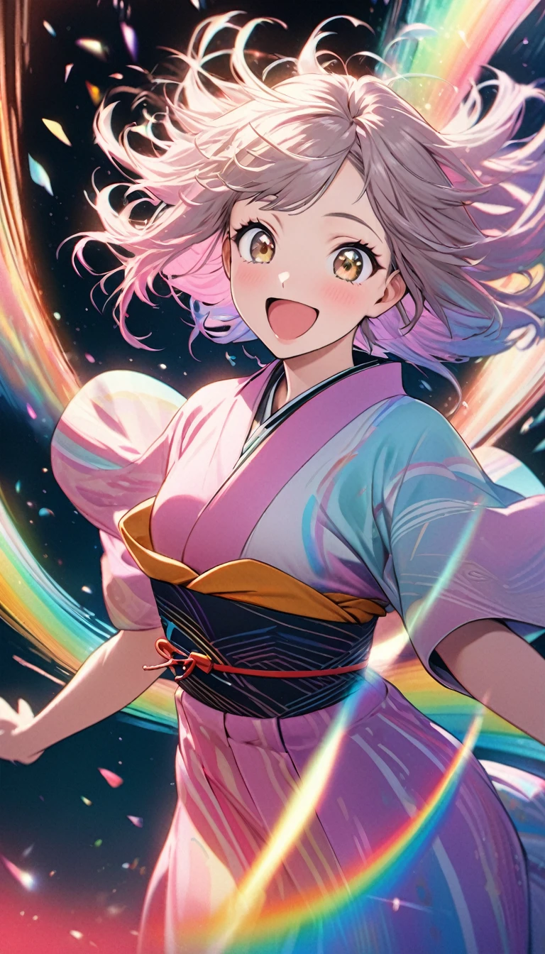 highest quality, Super quality, 16k, Incredibly absurd, Very detailed, Smiling cute girl, Excited expression, Pink messy hair, Wind, Wind-effect, sparkling light brown eyes, Wear chic Japanese kimono fashion, Fantastic and mysterious, Sparkling rainbow pastels and vibrant colors、Diverse visual styles combining various artistic elements