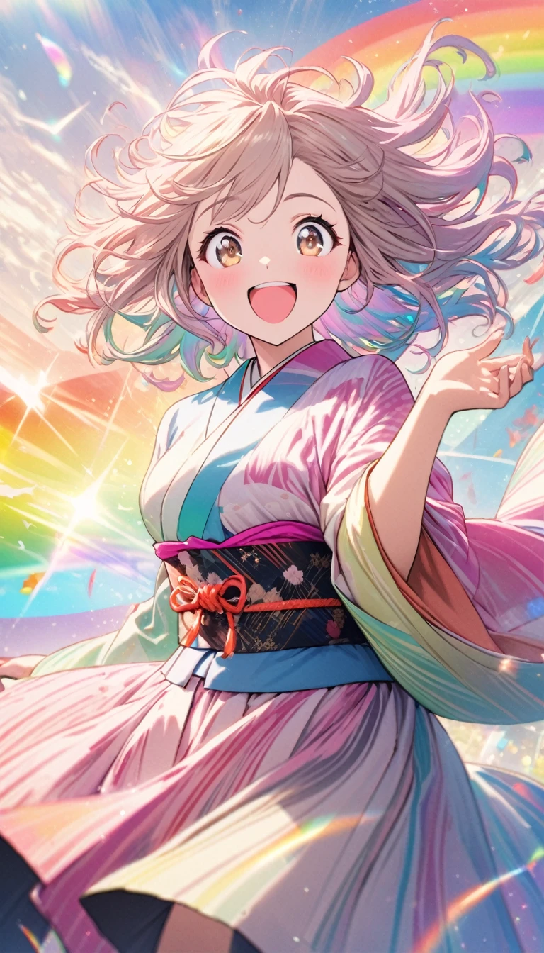 highest quality, Super quality, 16k, Incredibly absurd, Very detailed, Smiling cute girl, Excited expression, Pink messy hair, Wind, Wind-effect, sparkling light brown eyes, Wear chic Japanese kimono fashion, Fantastic and mysterious, Sparkling rainbow pastels and vibrant colors、Diverse visual styles combining various artistic elements