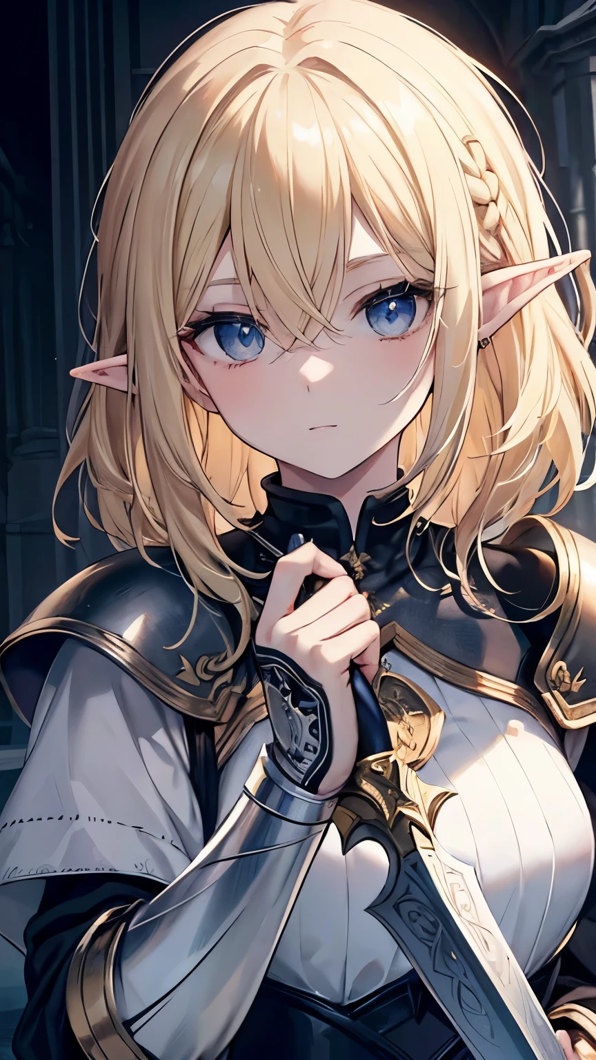 ((best quality)), ((masterpiece)), (detailed), perfect face, perfect detailed eyes, perfect detailed face, ultra-detailed nose, blonde hair, messy hair, hair over eyes, medium hair, pale skin, forehead mark, pointy ears, cinematic lighting, chiaroscuro, elf, Female Knight, Elf Hero, (Wearing iron armor, Hold a dagger in right hand), cowboy shot