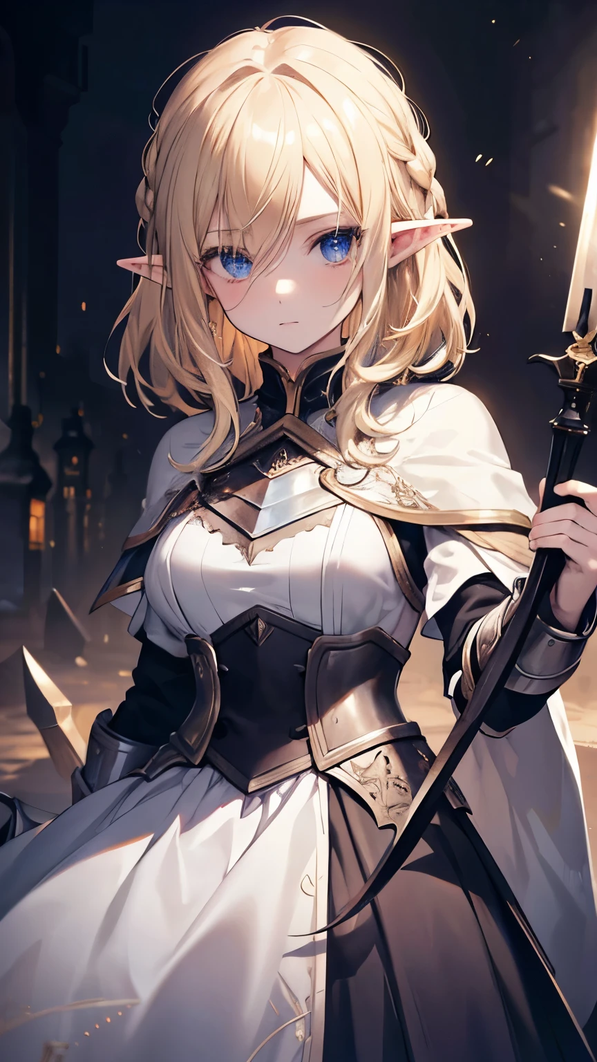 ((best quality)), ((masterpiece)), (detailed), perfect face, perfect detailed eyes, perfect detailed face, ultra-detailed nose, blonde hair, messy hair, hair over eyes, medium hair, pale skin, forehead mark, pointy ears, cinematic lighting, chiaroscuro, elf, Female Knight, Elf Hero, (Wearing iron armor, Hold a dagger in right hand), cowboy shot