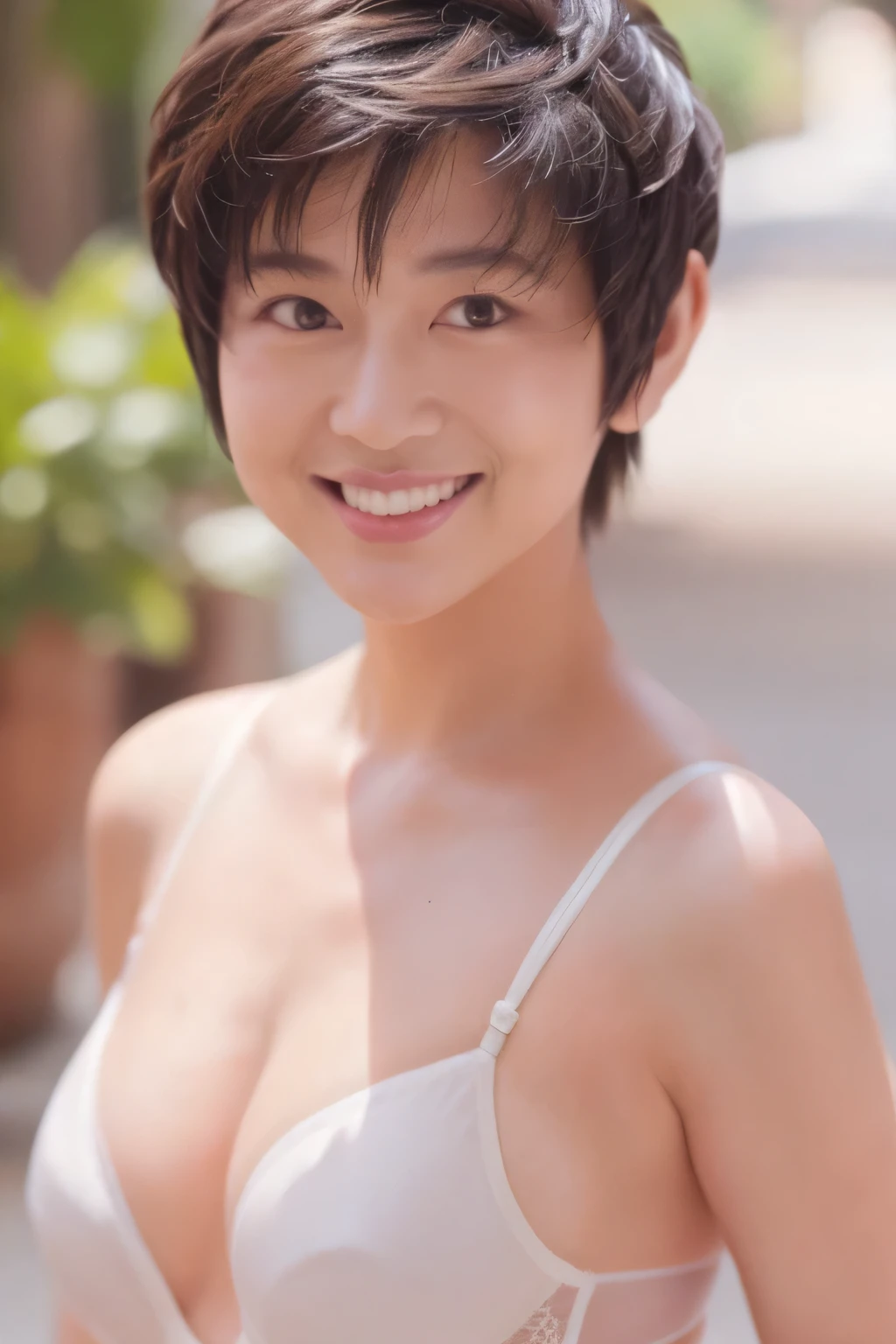 NSFW:1.5,((highest quality、8K resolution、master masterpiece、portrait:1.3)), Photoreal, 35mm film, 1 Japanese female, Upper body、on the street during the day, wrinkles around the eyes、plump body、cleavage、boyish_pixie cut、smile,((white bra_panties:1.3)) , (outdoor:city street 1.3), jumbled background,look at the audience,Tokyo cityscape:1.3